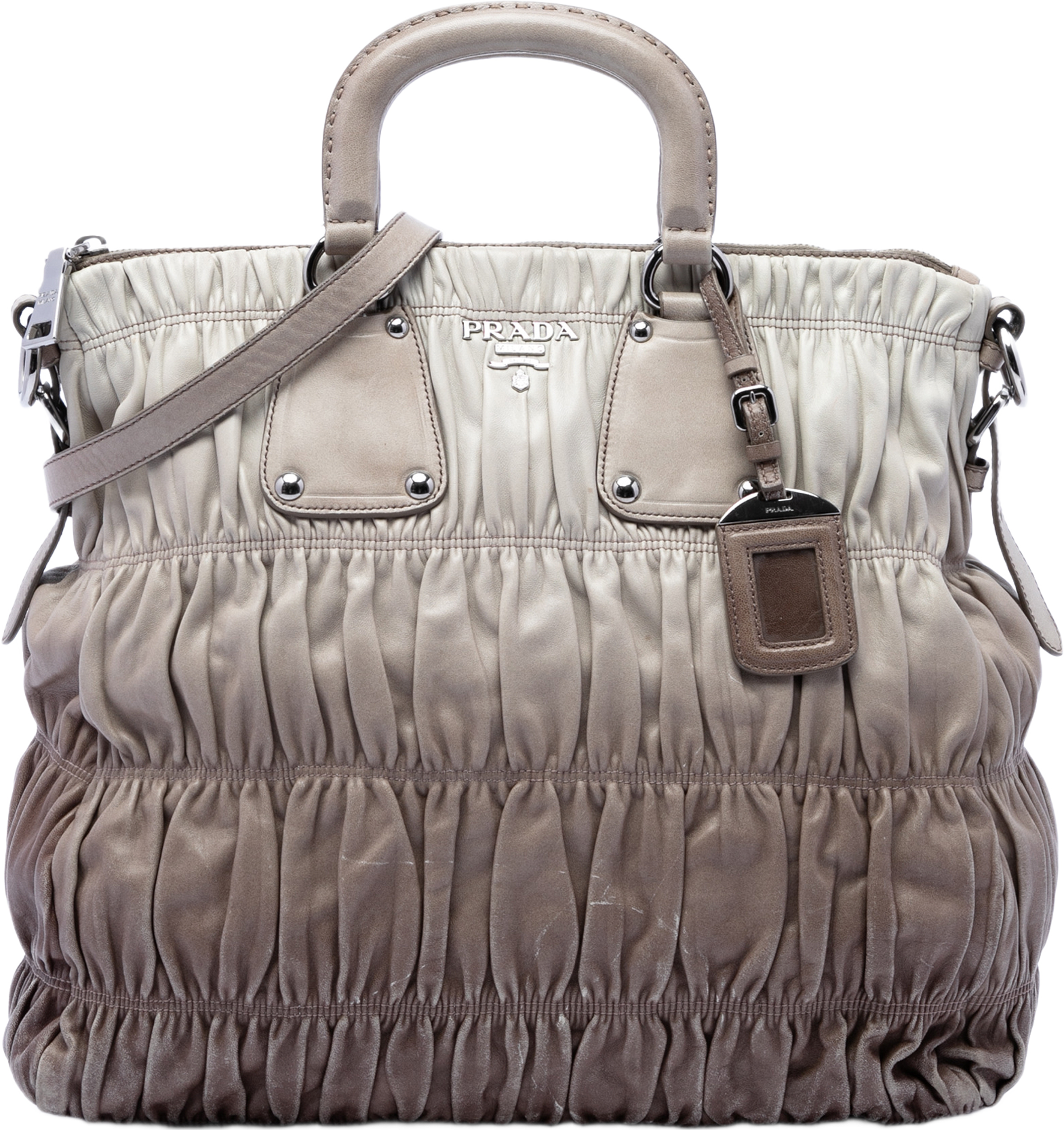 Prada Nappa Gaufre Ombre Satchel, från Luxclusif, i färgen beige. Klicka för att öppna bilden i stort format