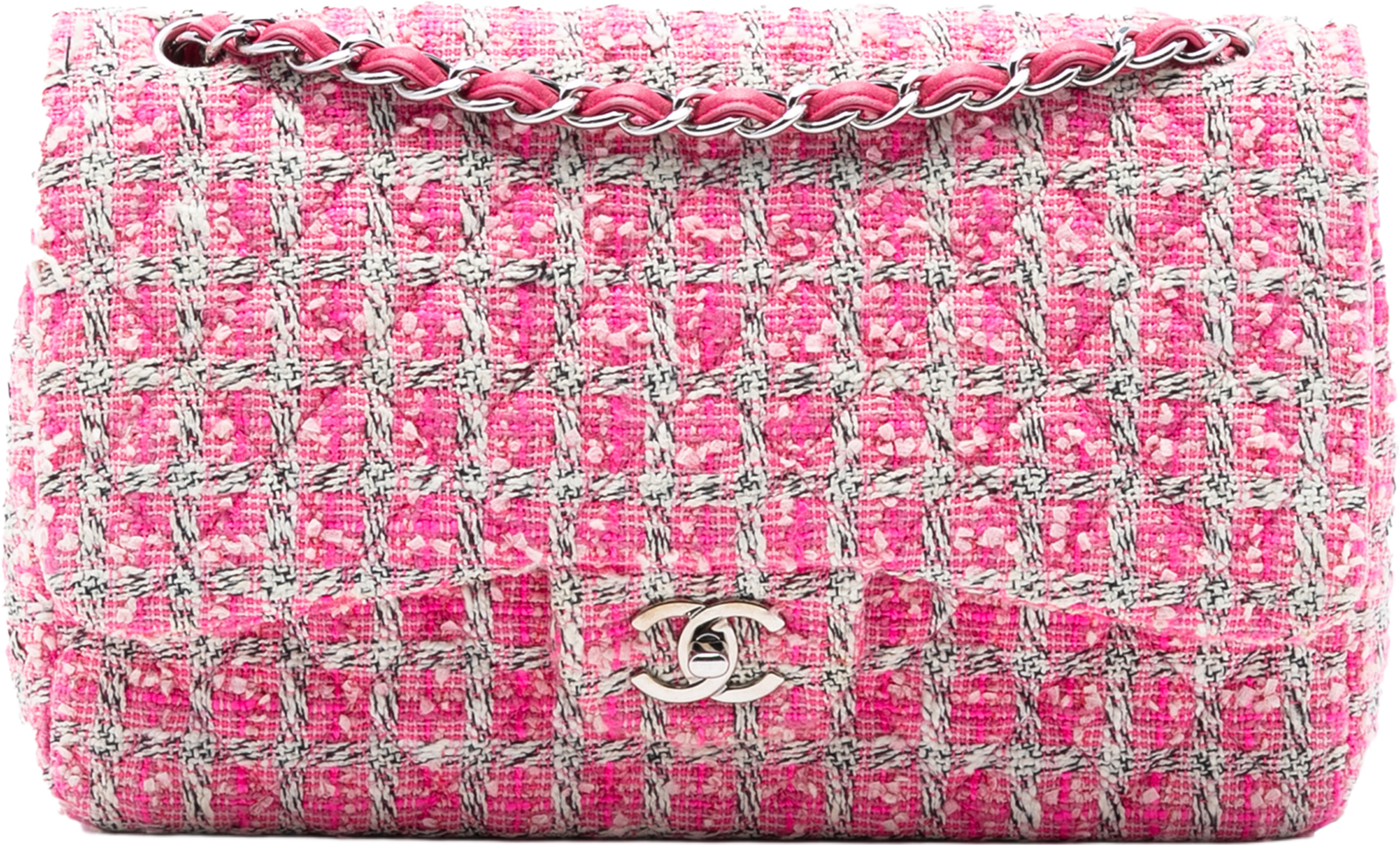 Chanel Jumbo Classic Tweed Double Flap, från Luxclusif, i färgen pink. Klicka för att öppna bilden i stort format