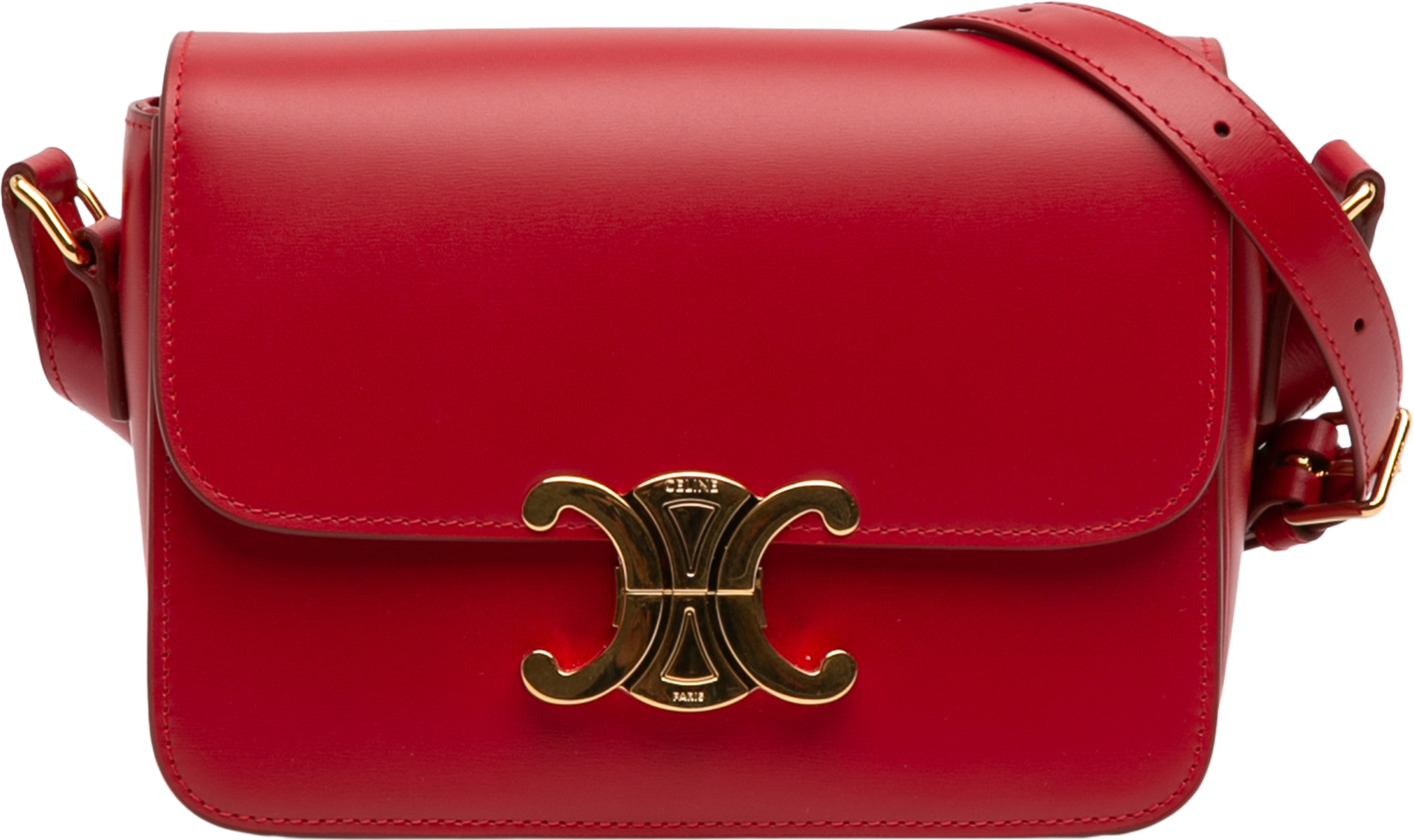 Celine Teen Shiny Calfskin Triomphe Crossbody, från Luxclusif, i färgen red. Klicka för att öppna bilden i stort format