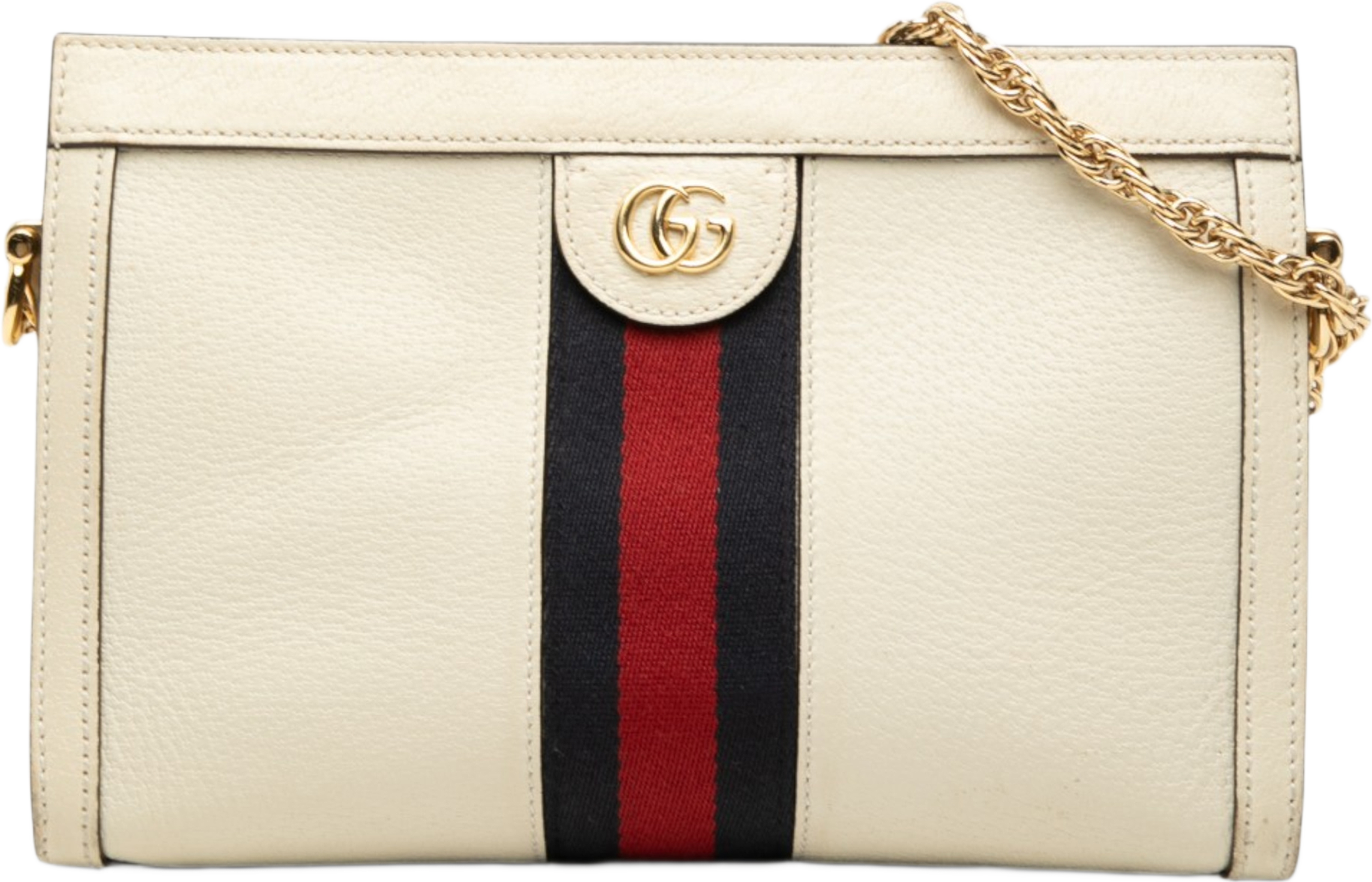 Gucci Small Calfskin Web Ophidia Chain Crossbody, från Luxclusif, i färgen white. Klicka för att öppna bilden i stort format
