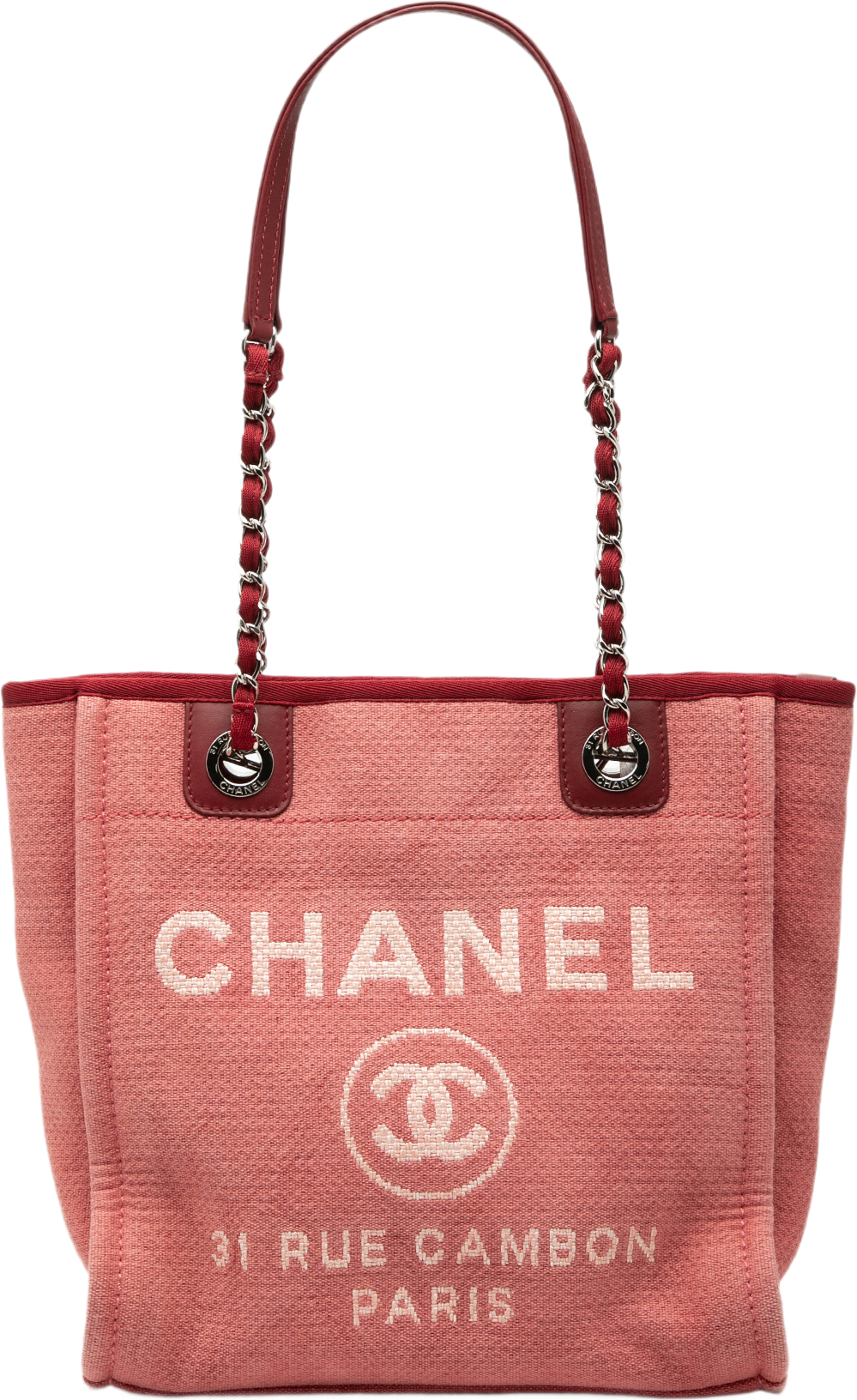 Chanel Mini Canvas Deauville Tote, från Luxclusif, i färgen indian red. Klicka för att öppna bilden i stort format
