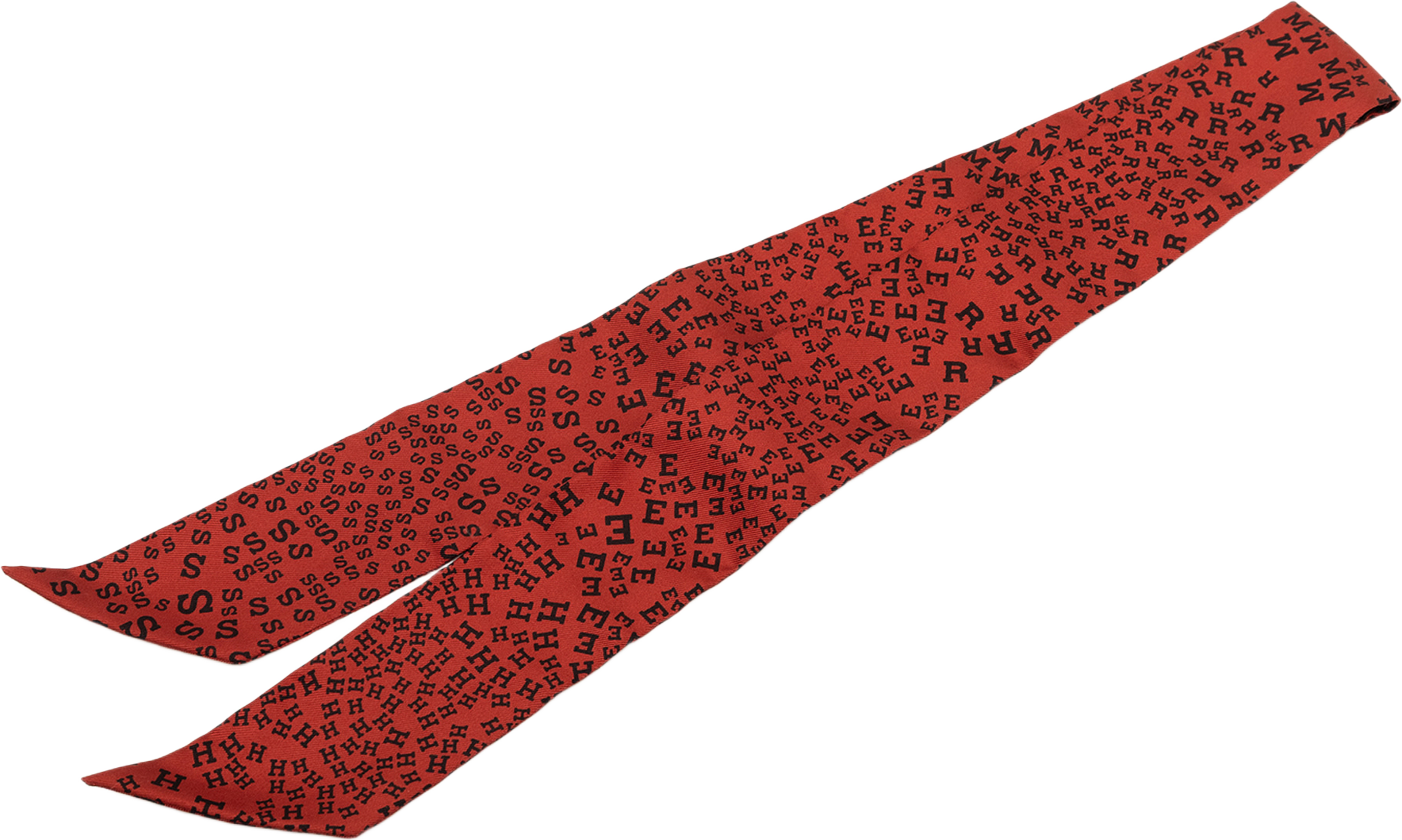 Hermès Scattered Letters Twilly Silk Scarf, från Luxclusif, i färgen red. Klicka för att öppna bilden i stort format
