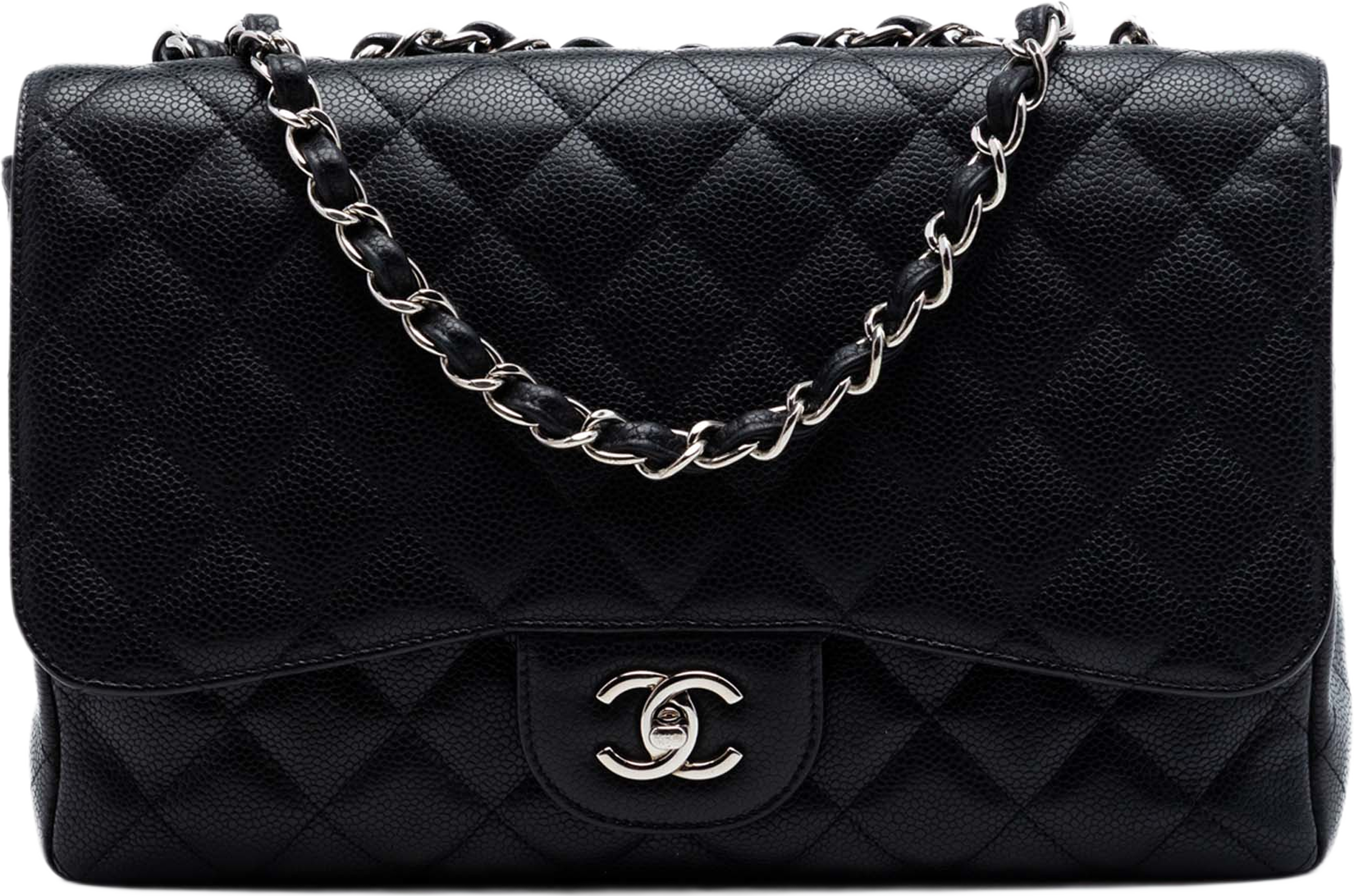 Chanel Jumbo Classic Caviar Single Flap, från Luxclusif, i färgen black. Klicka för att öppna bilden i stort format
