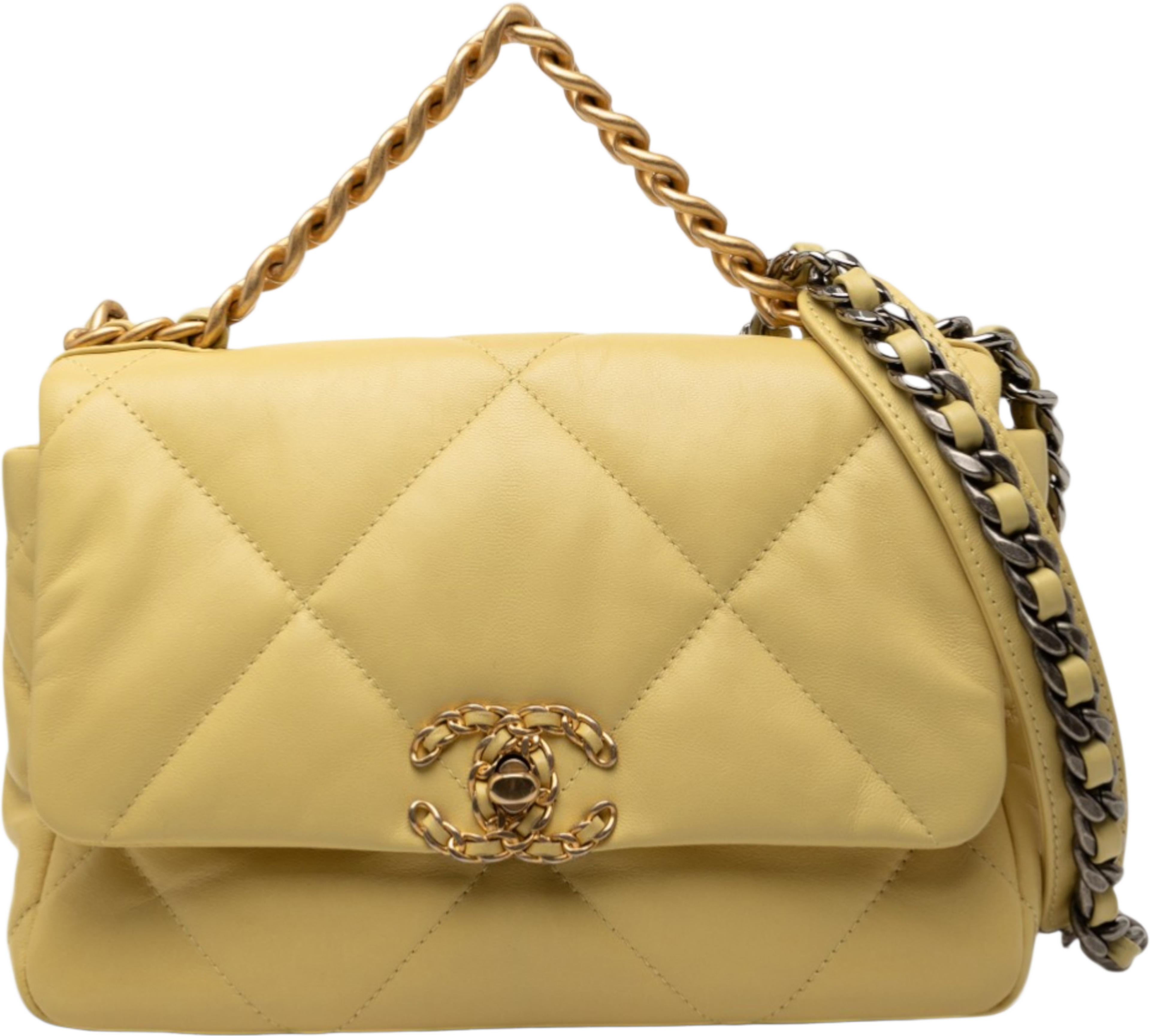 Chanel Medium Lambskin 19 Flap, från Luxclusif, i färgen mustard. Klicka för att öppna bilden i stort format