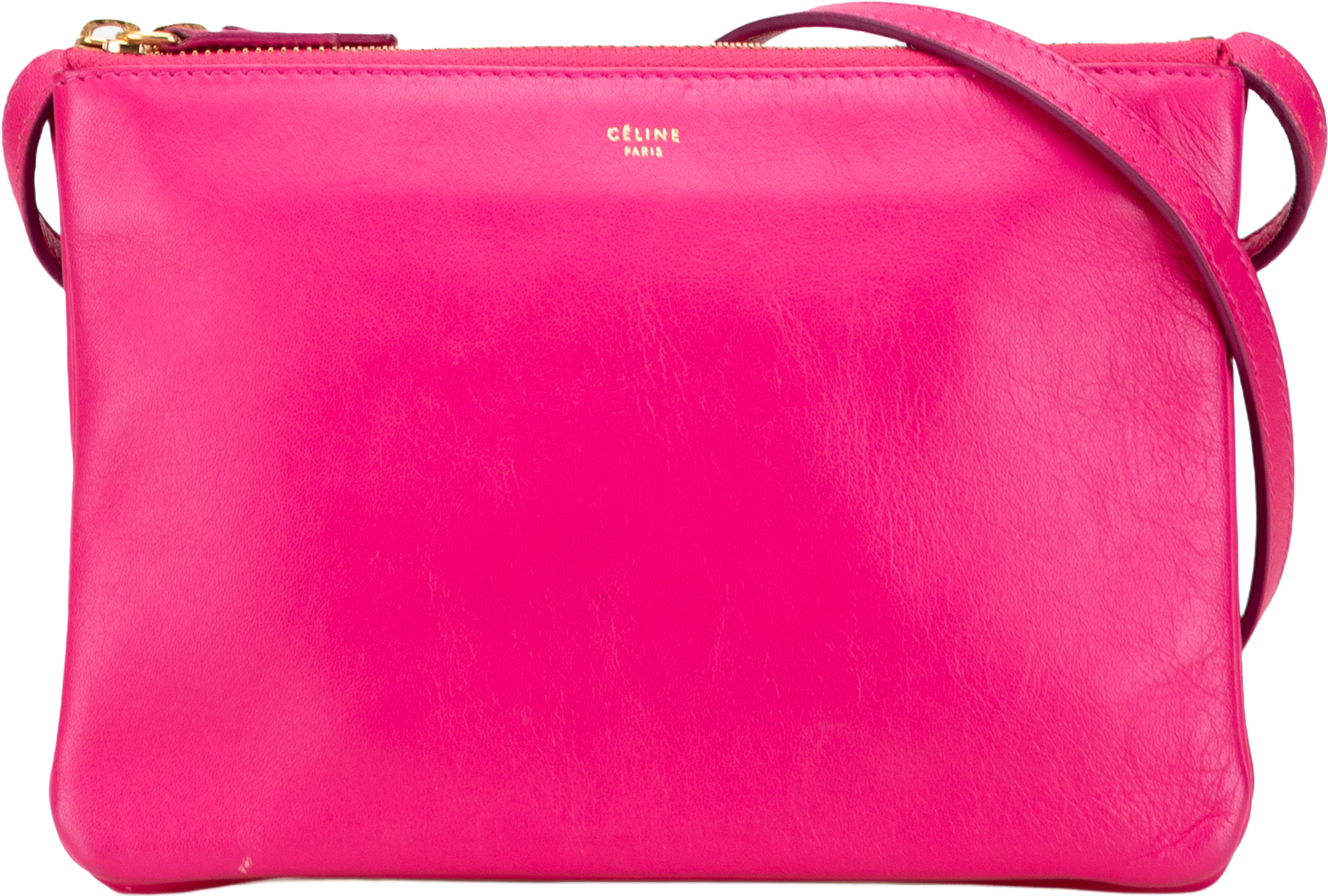 Celine Small Lambskin Trio Crossbody, från Luxclusif, i färgen hot pink. Klicka för att öppna bilden i stort format