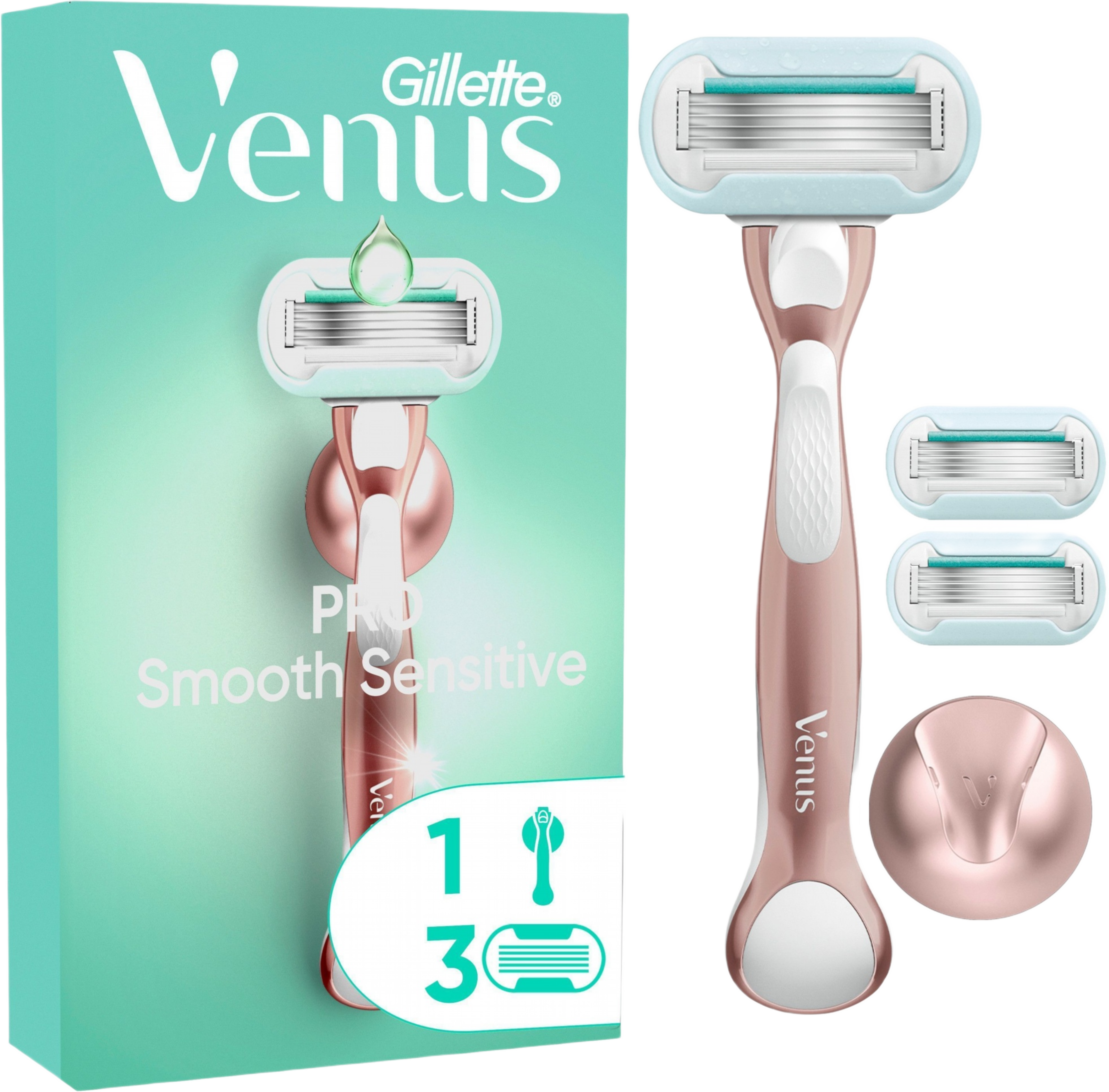 Gillette Venus Pro Smooth Sensitive Rakhyvel, 3 rakblad, duschhållare
