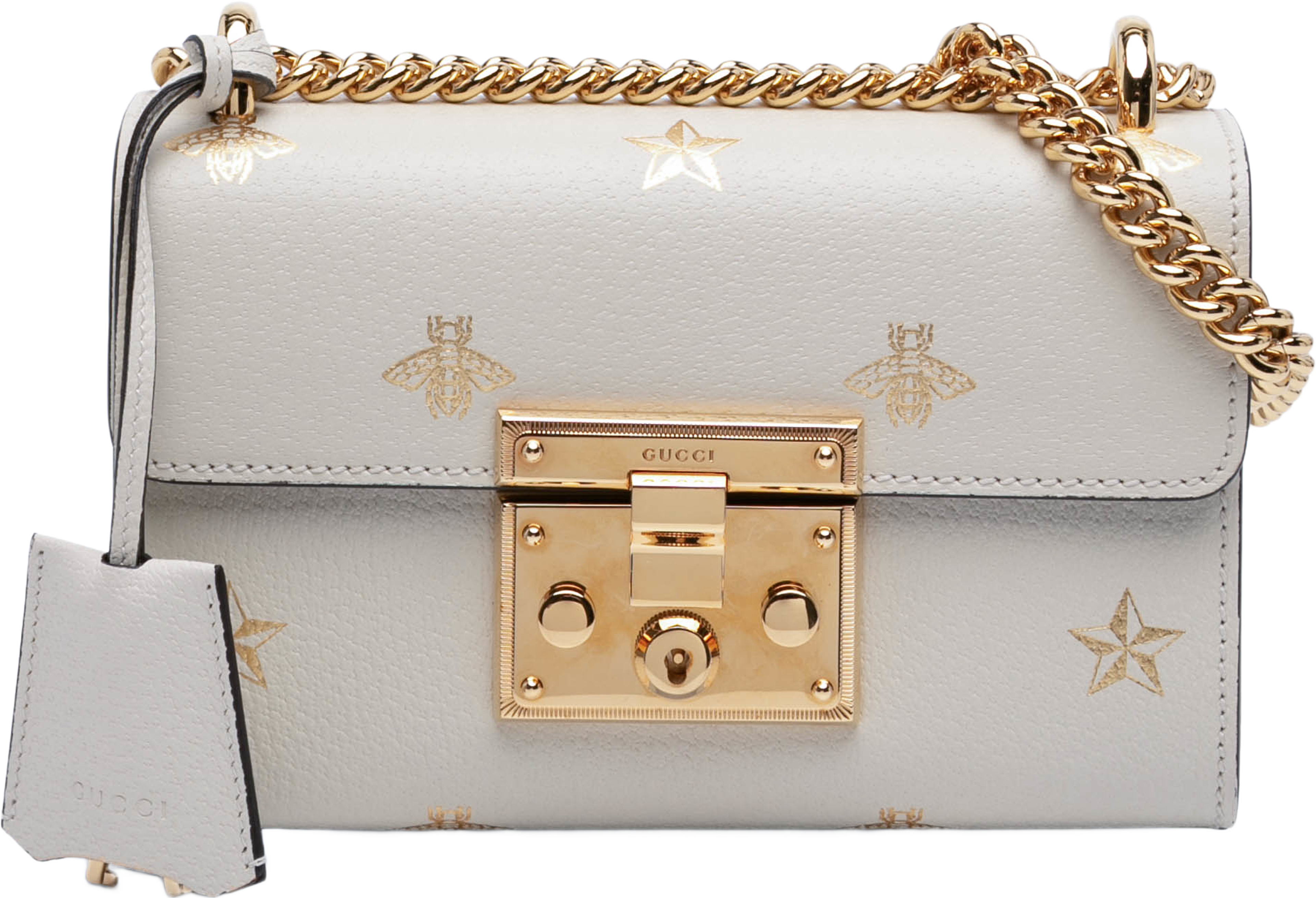 Gucci Small Leather Bee Star Padlock Crossbody, från Luxclusif, i färgen white. Klicka för att öppna bilden i stort format