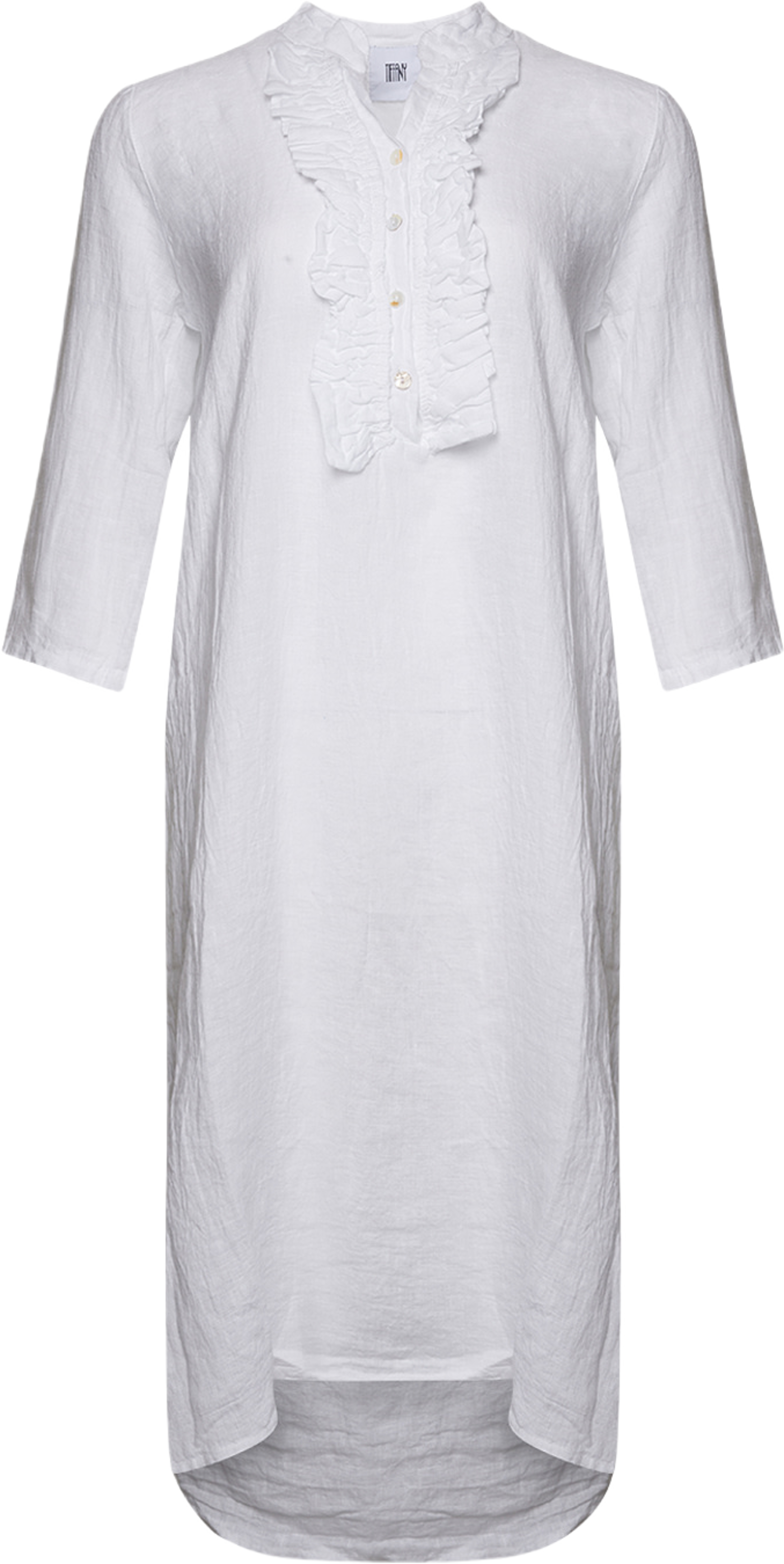 18970r, Long Shirt Dress Ruffle, Linen - White