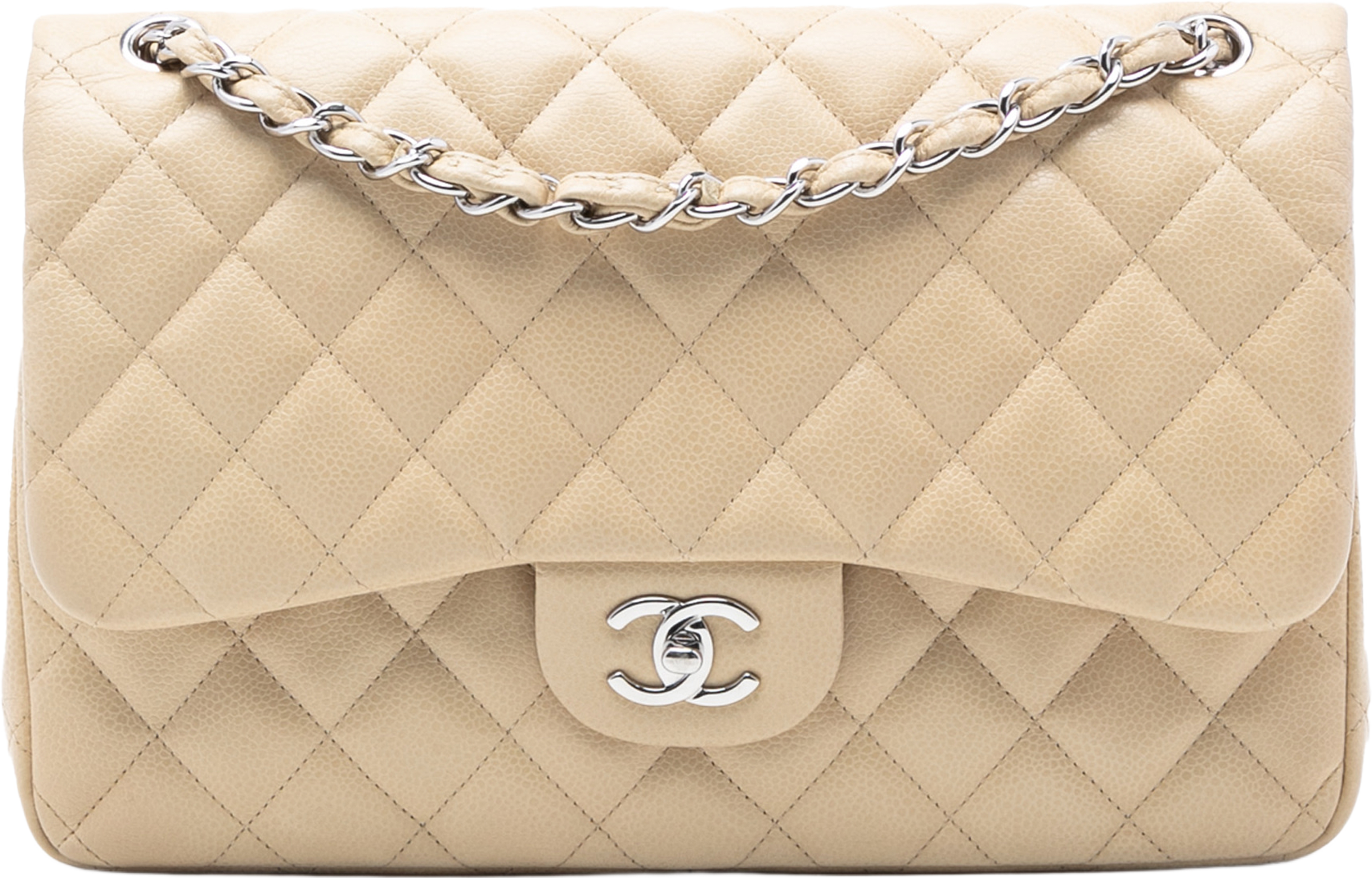 Chanel Jumbo Classic Caviar Double Flap, från Luxclusif, i färgen light beige. Klicka för att öppna bilden i stort format