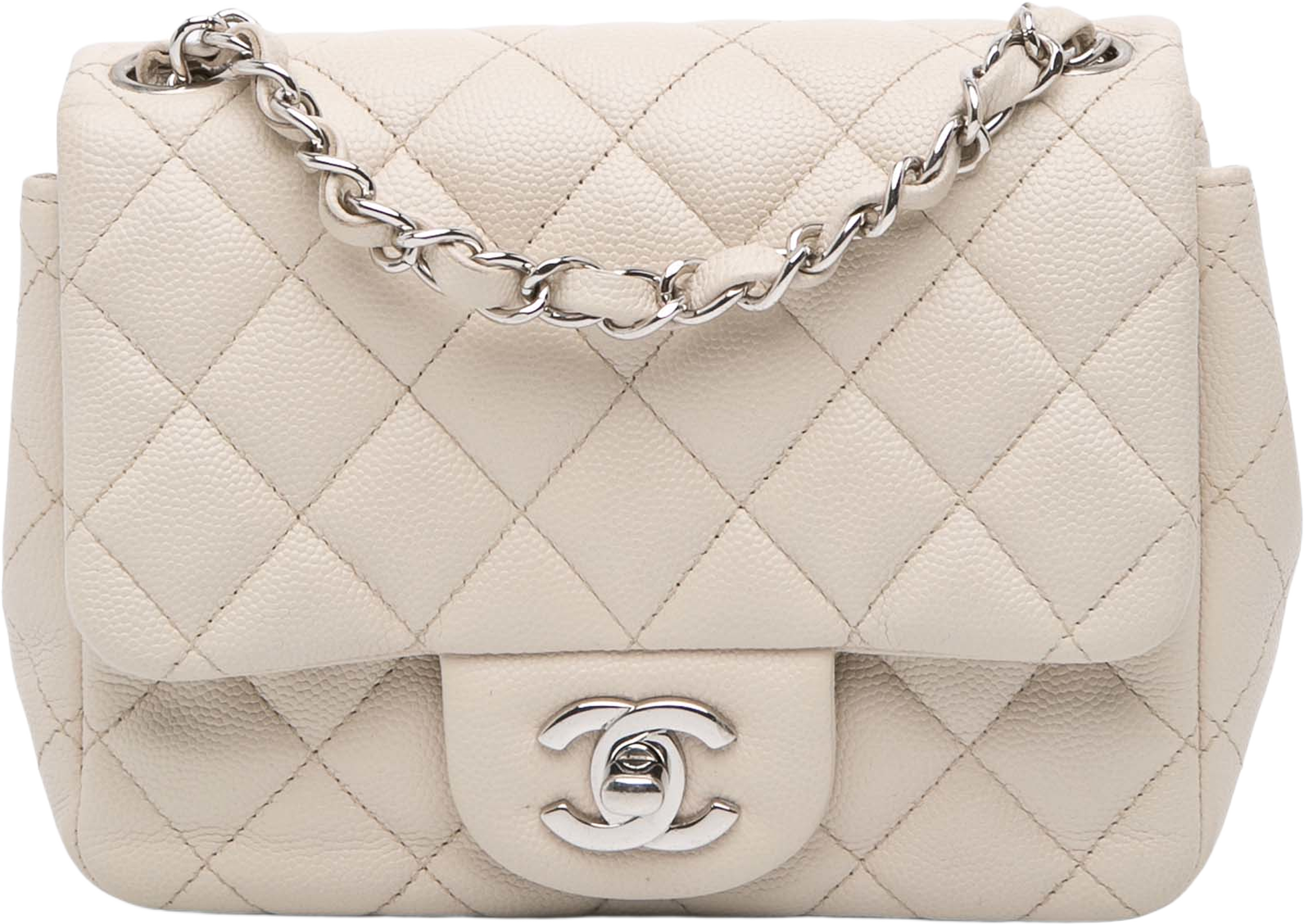 Chanel Mini Square Classic Caviar Single Flap, från Luxclusif, i färgen ivory. Klicka för att öppna bilden i stort format