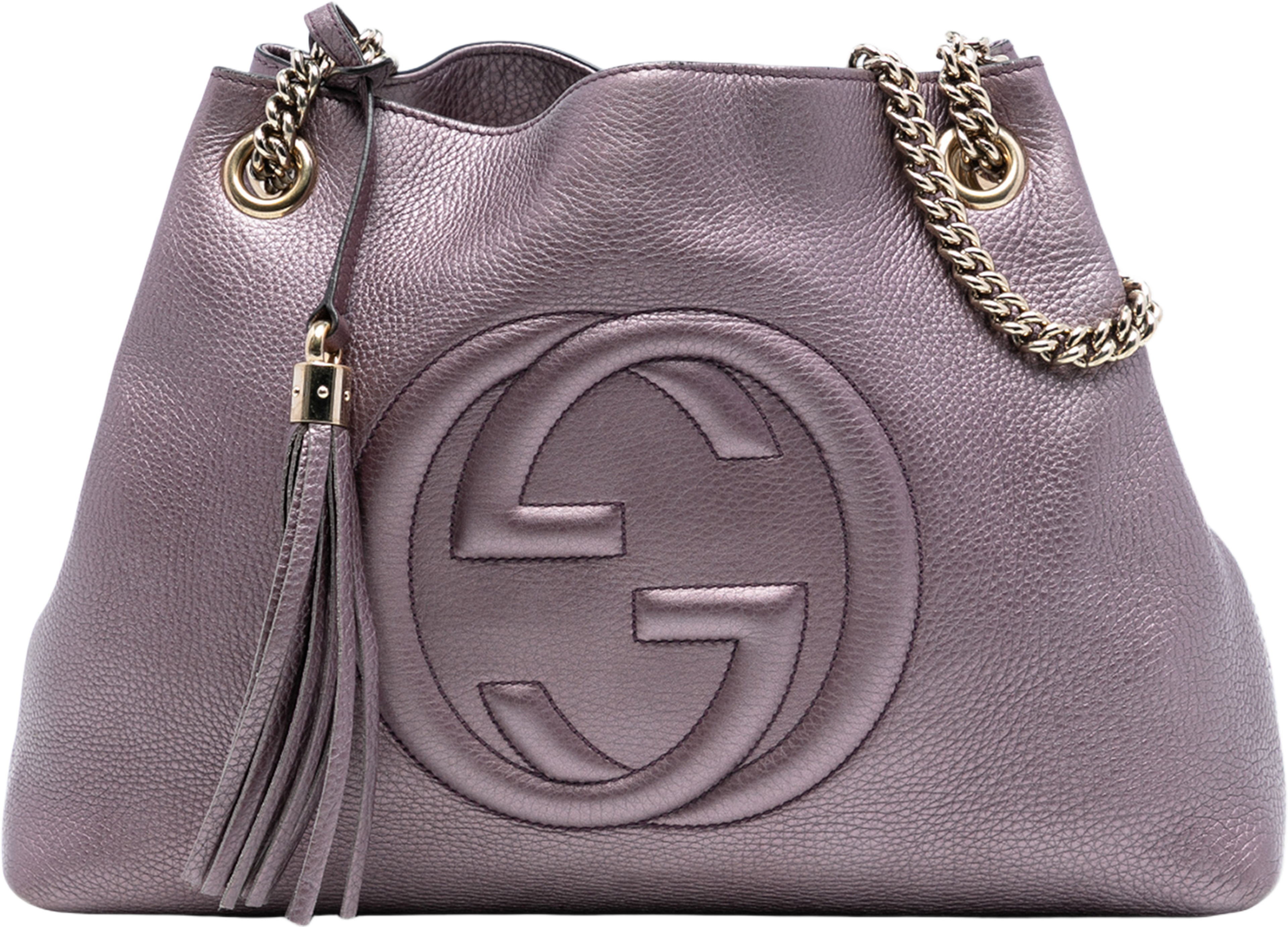 Gucci Medium Metallic Leather Soho Chain Tote, från Luxclusif, i färgen purple. Klicka för att öppna bilden i stort format