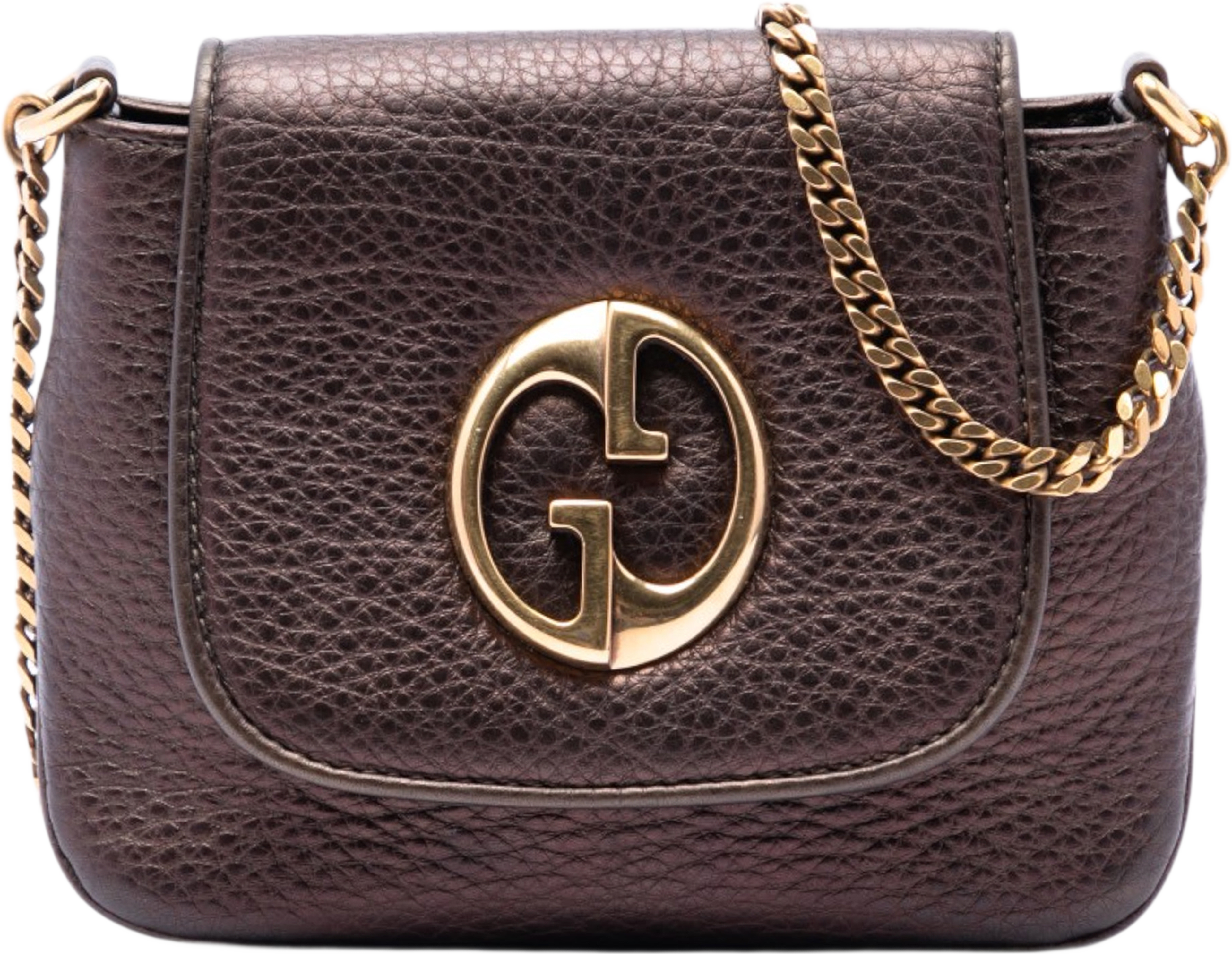 Gucci Small Metallic Pebbled Calfskin 1973 Chain Crossbody, från Luxclusif, i färgen bronze. Klicka för att öppna bilden i stort format