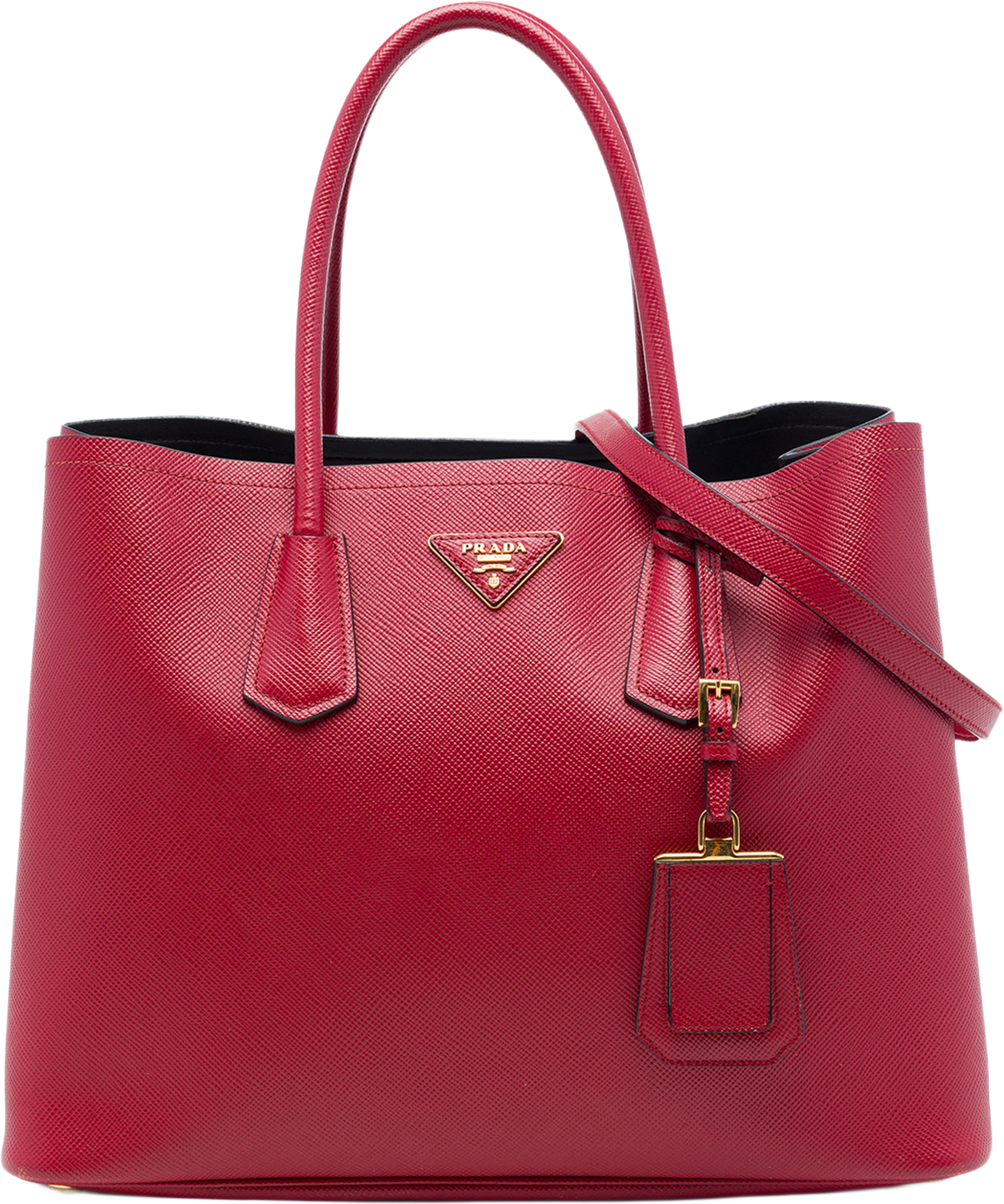 Prada Large Saffiano Cuir Double Satchel, från Luxclusif, i färgen röd. Klicka för att öppna bilden i stort format