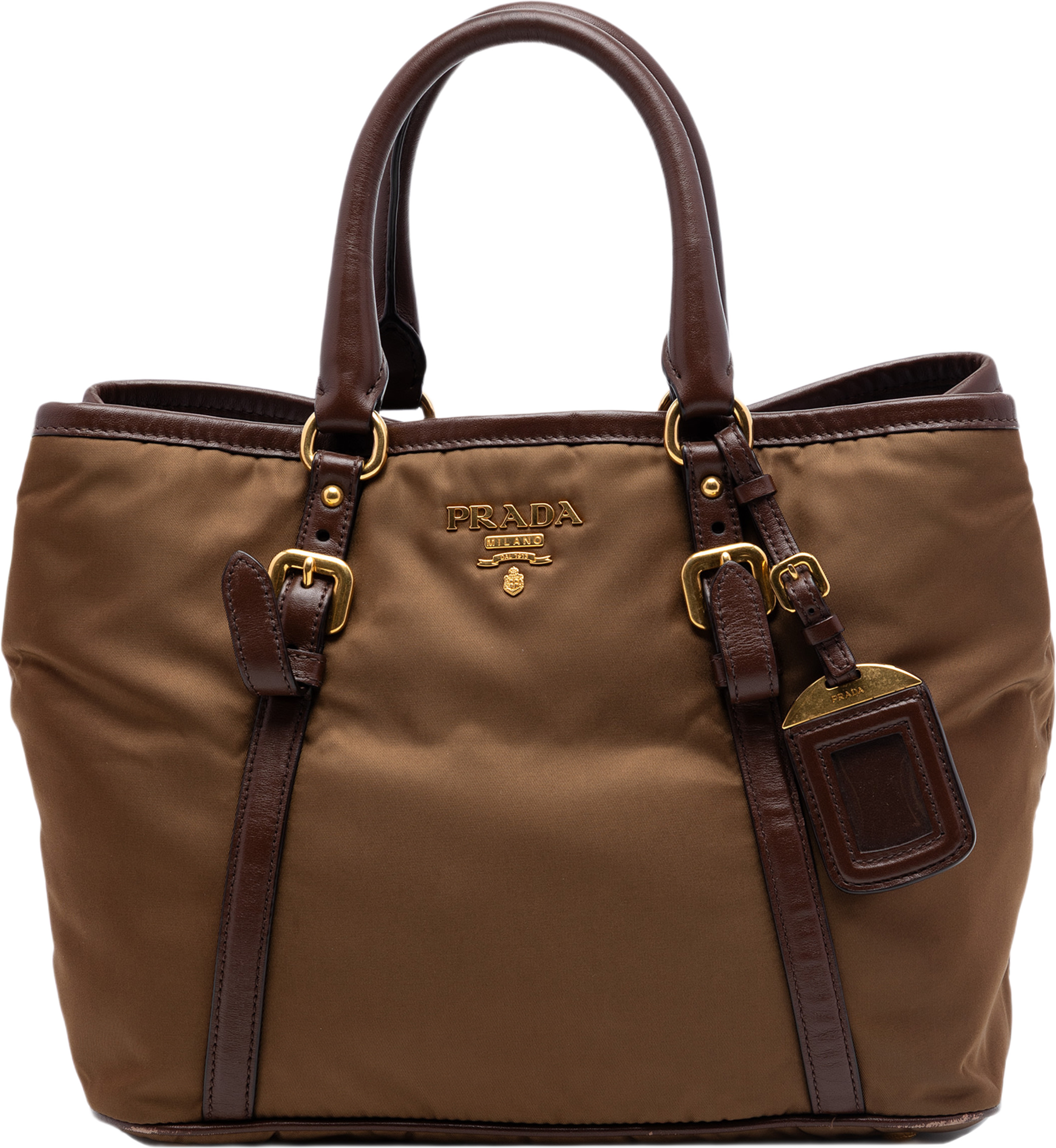 Prada Vitello Daino Trimmed Tessuto Satchel, från Luxclusif, i färgen dark khaki. Klicka för att öppna bilden i stort format