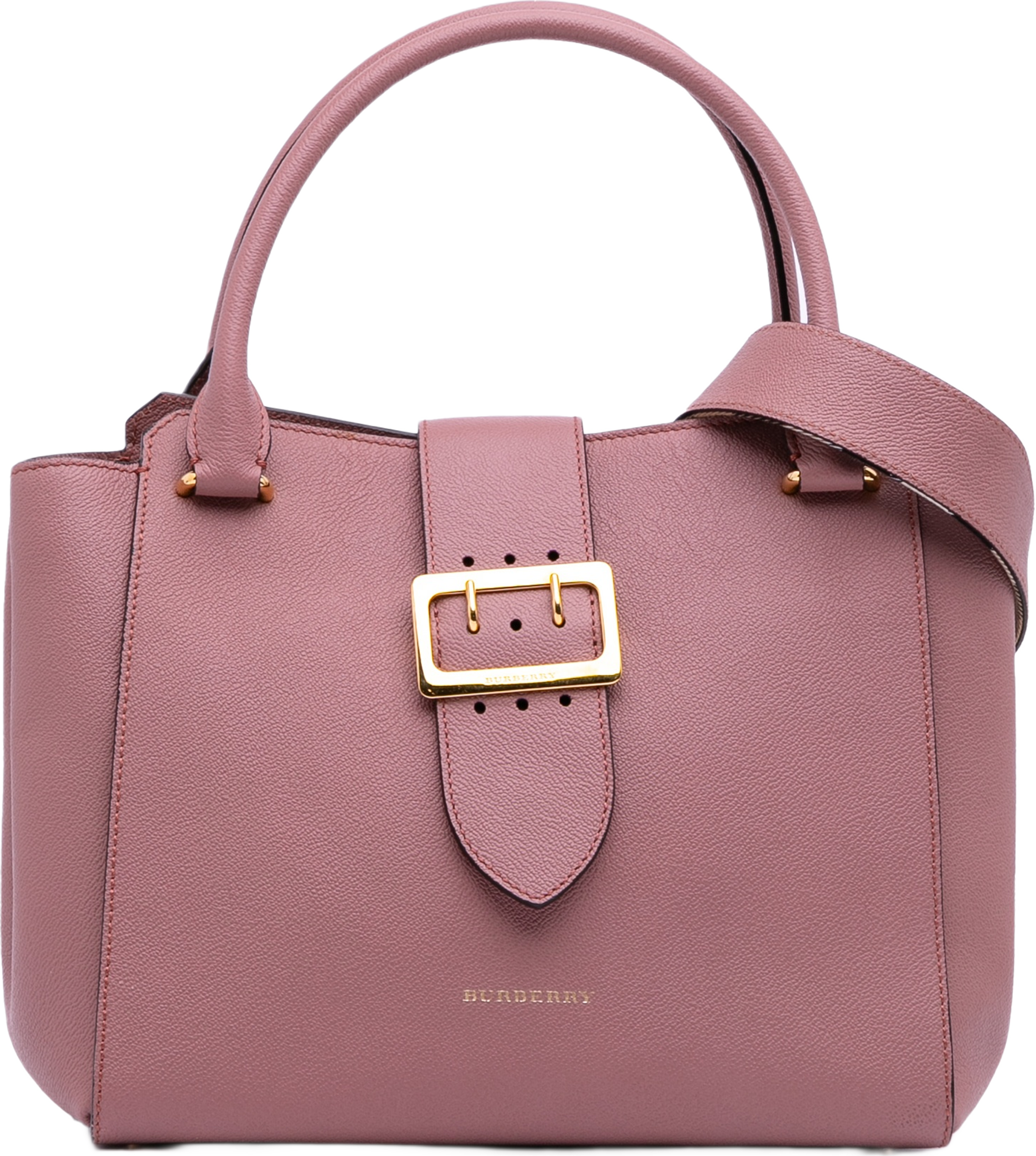 Burberry Small Grained Leather Buckle Tote, från Luxclusif, i färgen pink. Klicka för att öppna bilden i stort format