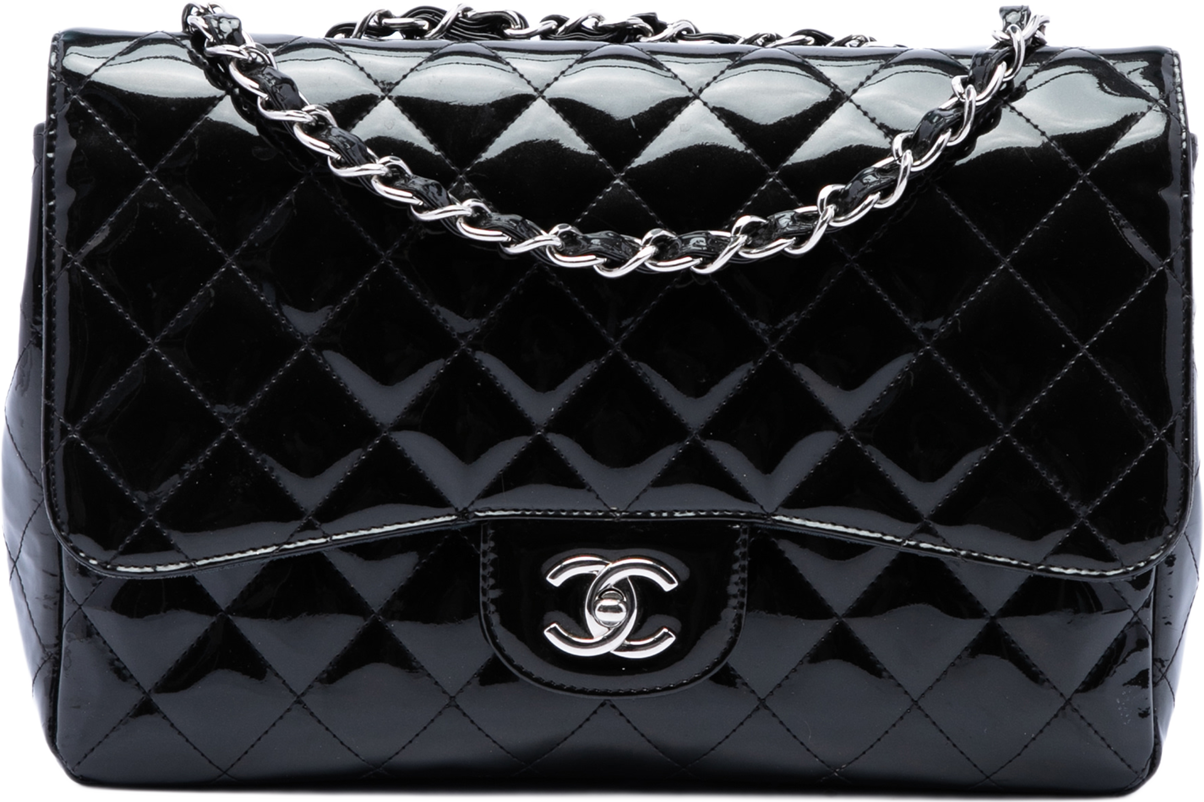 Chanel Jumbo Classic Patent Single Flap, från Luxclusif, i färgen svart. Klicka för att öppna bilden i stort format