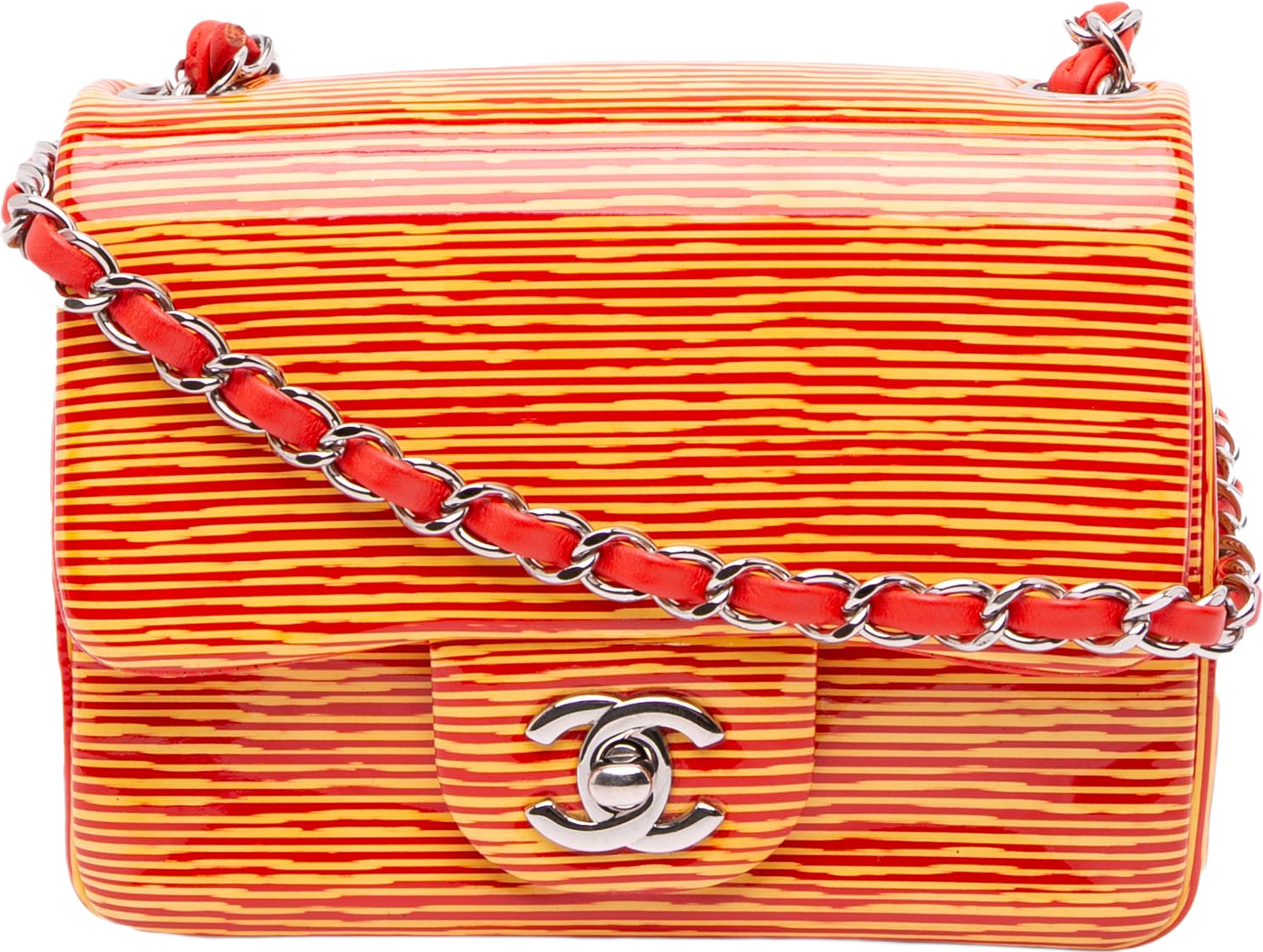 Chanel Mini Square Classic Patent Striped Single Flap, från Luxclusif, i färgen orange. Klicka för att öppna bilden i stort format