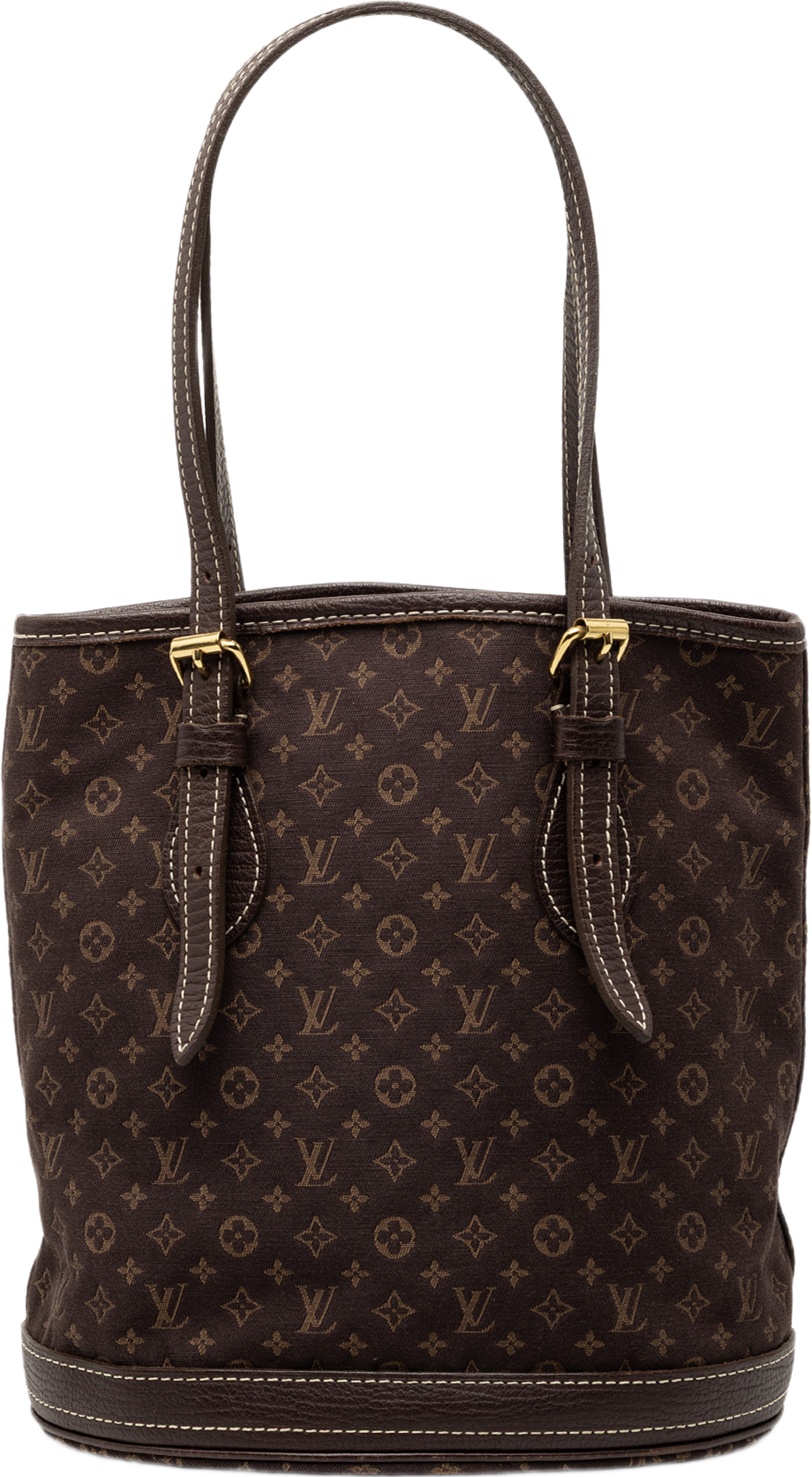 Louis Vuitton Monogram Mini Lin Bucket Pm, från Luxclusif, i färgen dark brown. Klicka för att öppna bilden i stort format