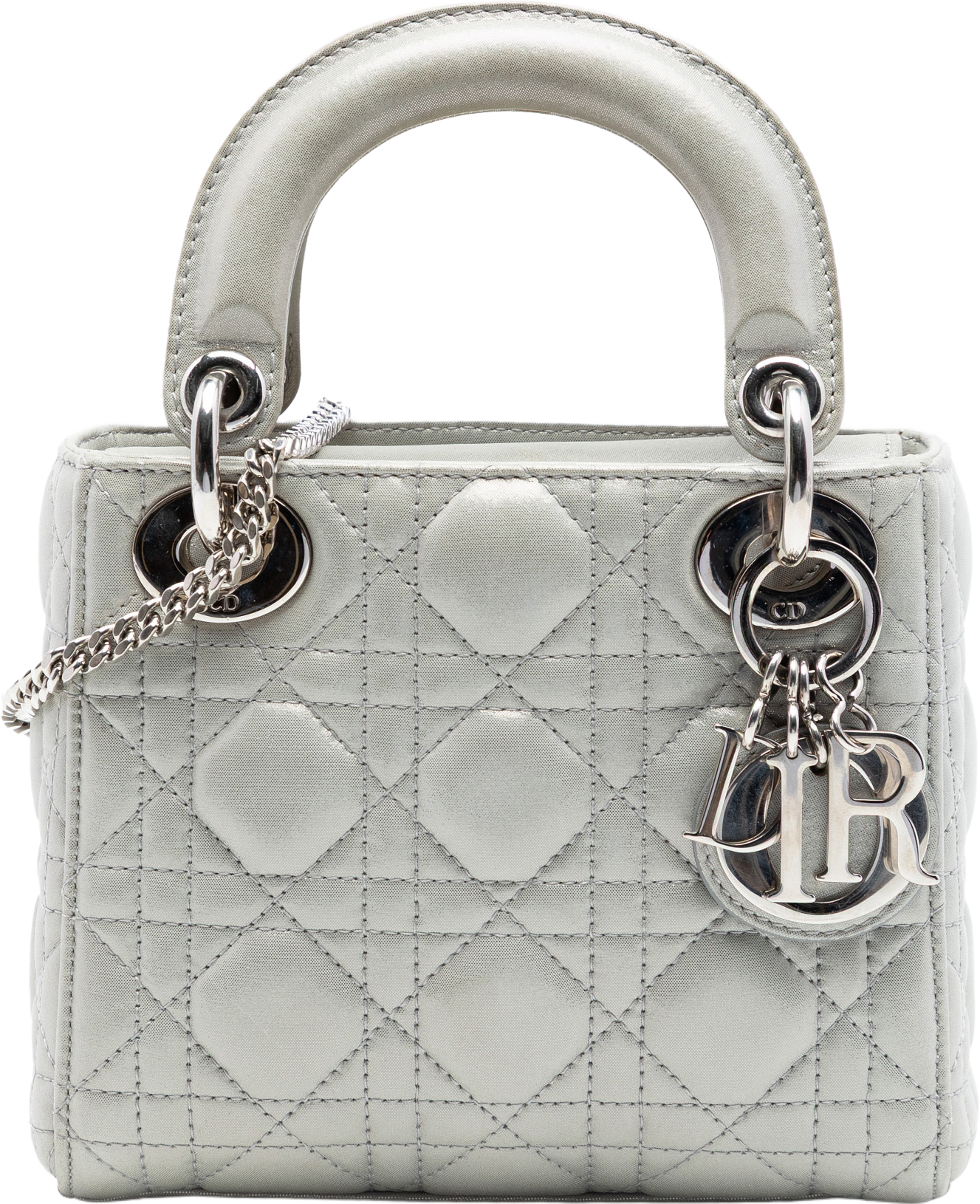 Dior Mini Iridescent Lambskin Cannage Lady Dior, från Luxclusif, i färgen silver. Klicka för att öppna bilden i stort format