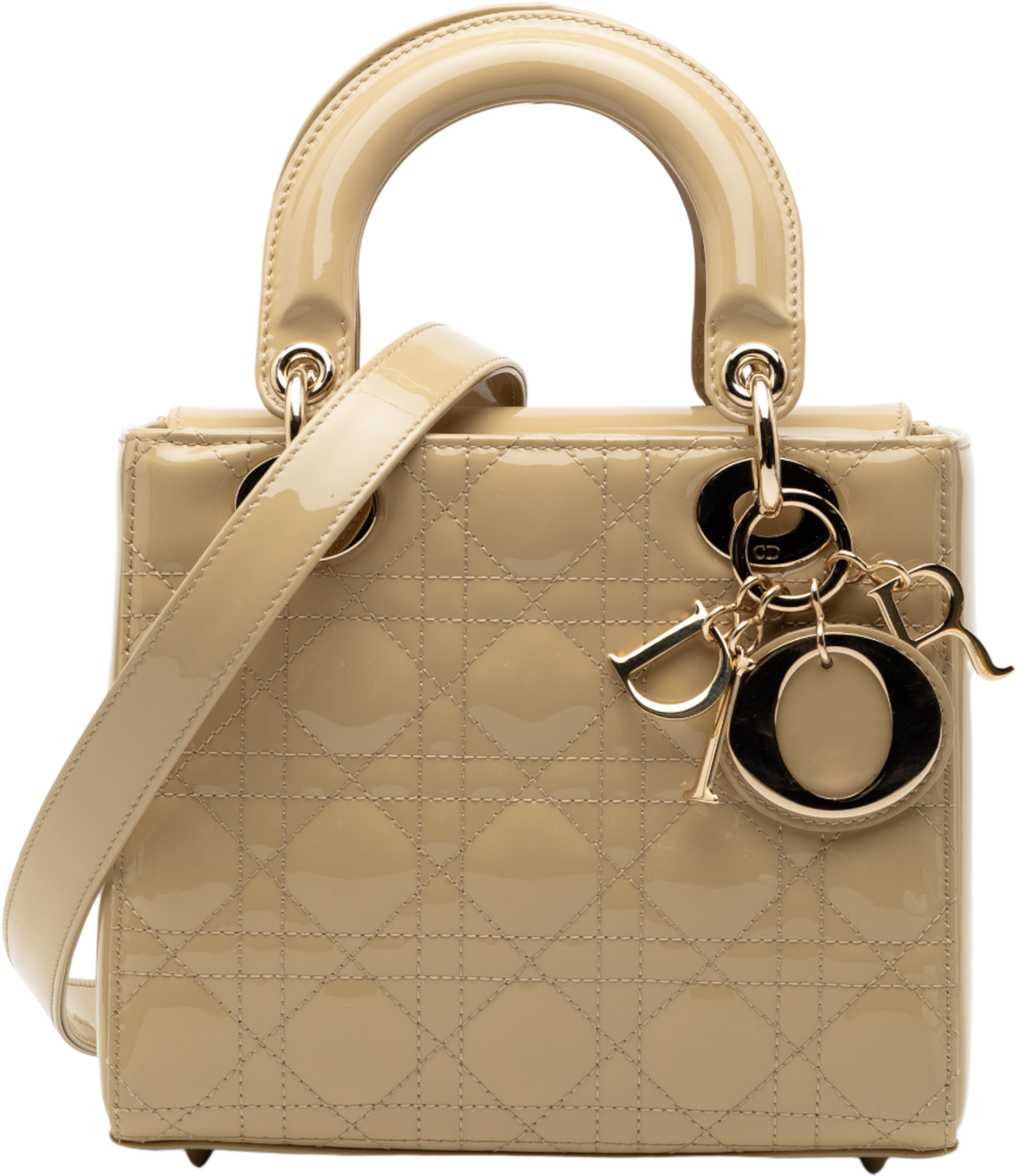 Dior Small Patent Cannage Lady Dior, från Luxclusif, i färgen beige. Klicka för att öppna bilden i stort format