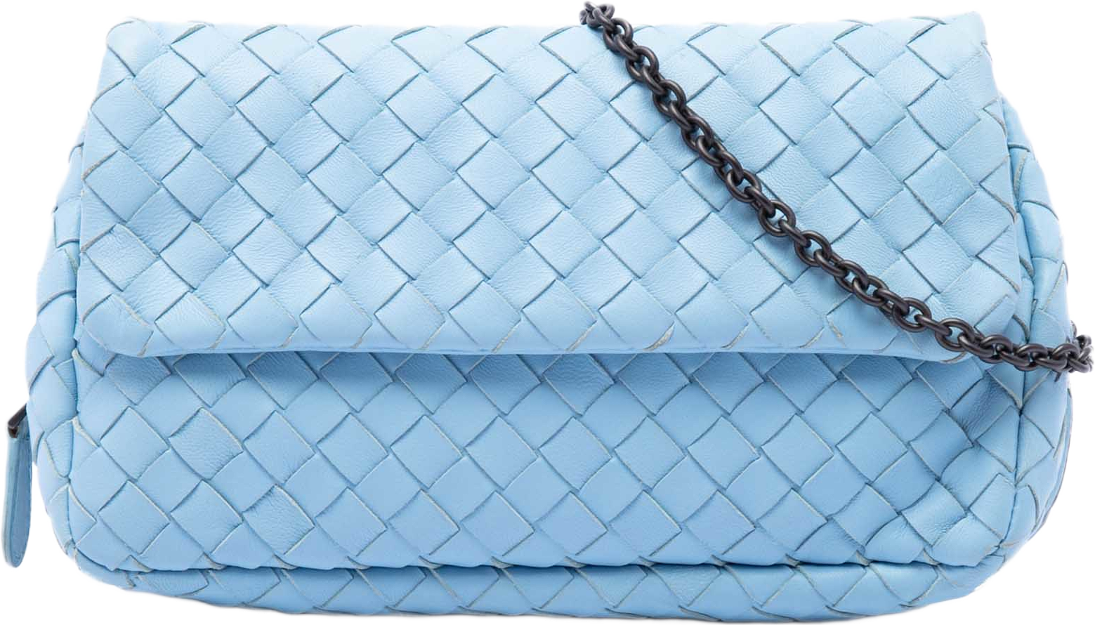 Bottega Veneta Mini Nappa Intrecciato Expandable Chain Flap Crossbody, från Luxclusif, i färgen blå. Klicka för att öppna bilden i stort format