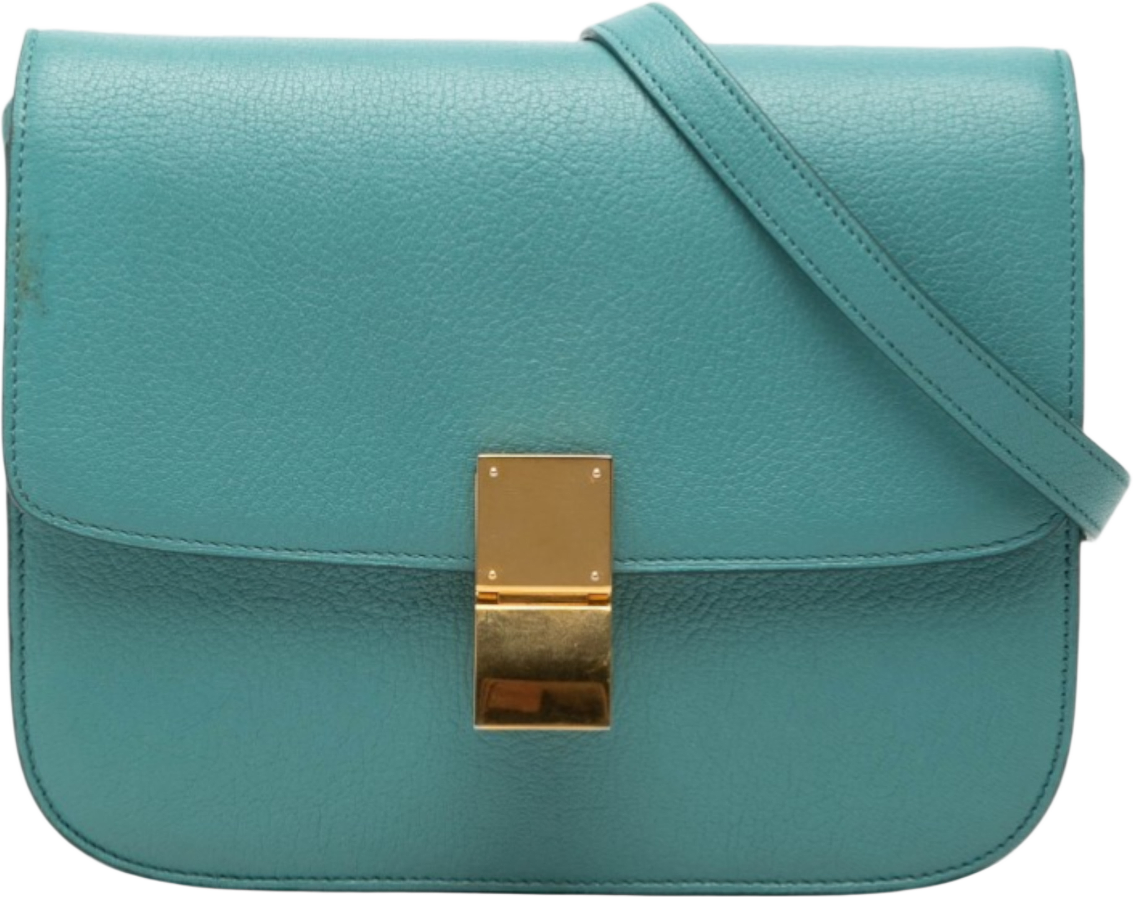 Celine Medium Calfskin Classic Box, från Luxclusif, i färgen peacock. Klicka för att öppna bilden i stort format