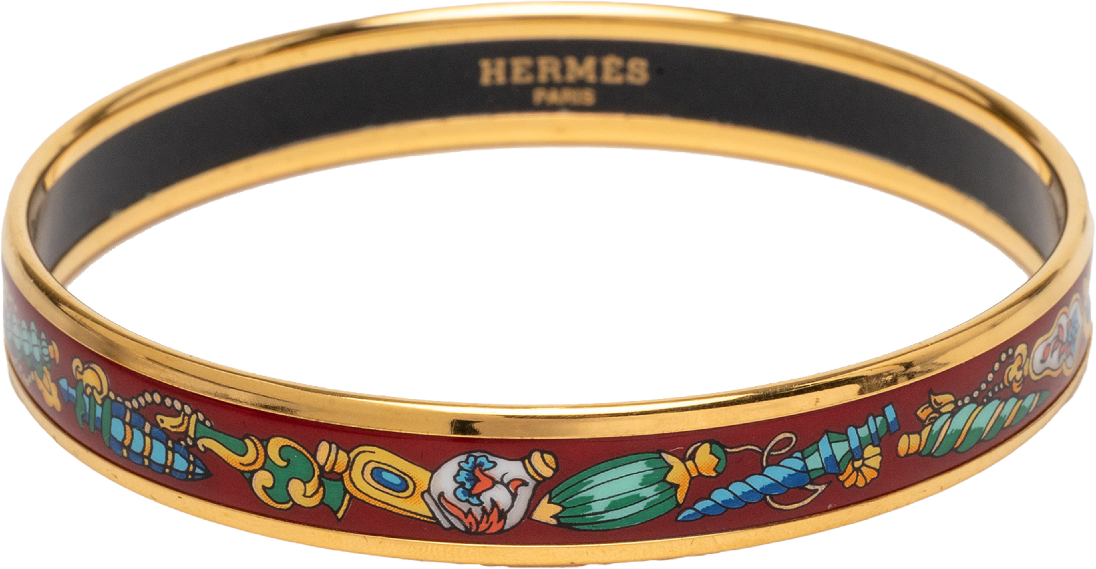 Hermès Narrow Qu Importe Le Falcon Enamel Bangle 65, från Luxclusif, i färgen burgundy. Klicka för att öppna bilden i stort format