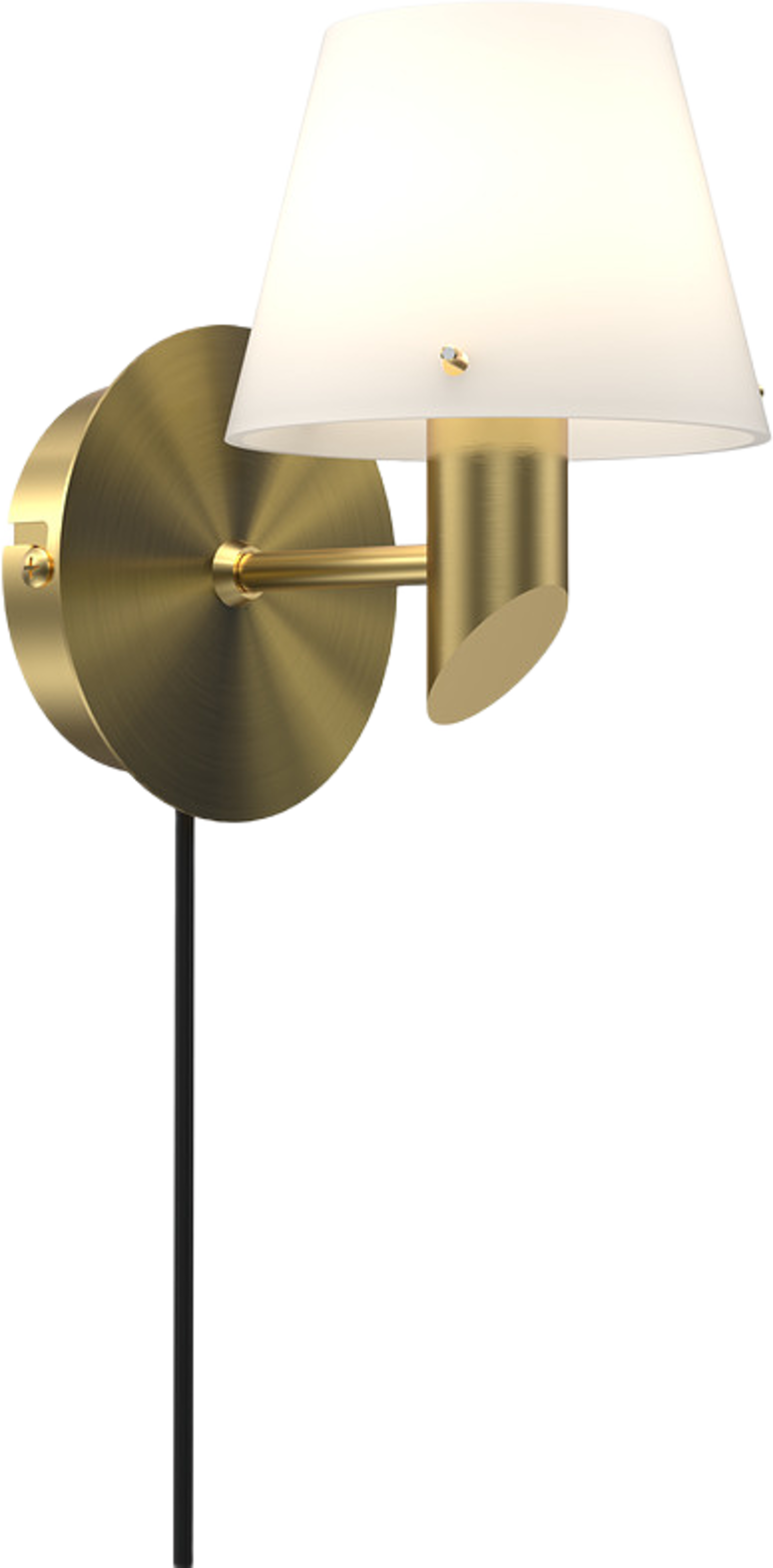 Vägglampa Gil, från Herstal, i färgen satin brass/opal glas. Klicka för att öppna bilden i stort format