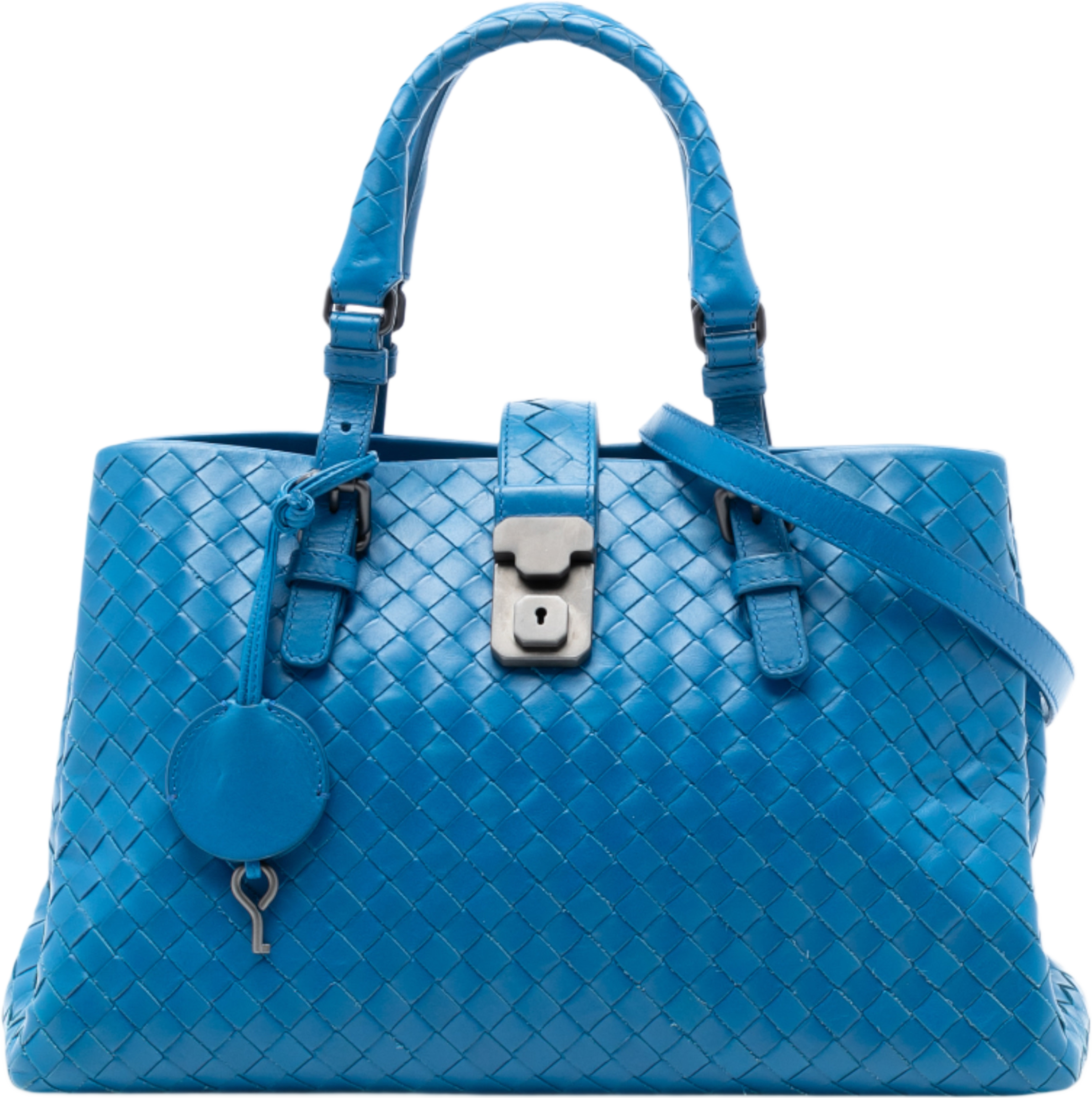 Bottega Veneta Small Nappa Intrecciato Roma Satchel, från Luxclusif, i färgen blå. Klicka för att öppna bilden i stort format
