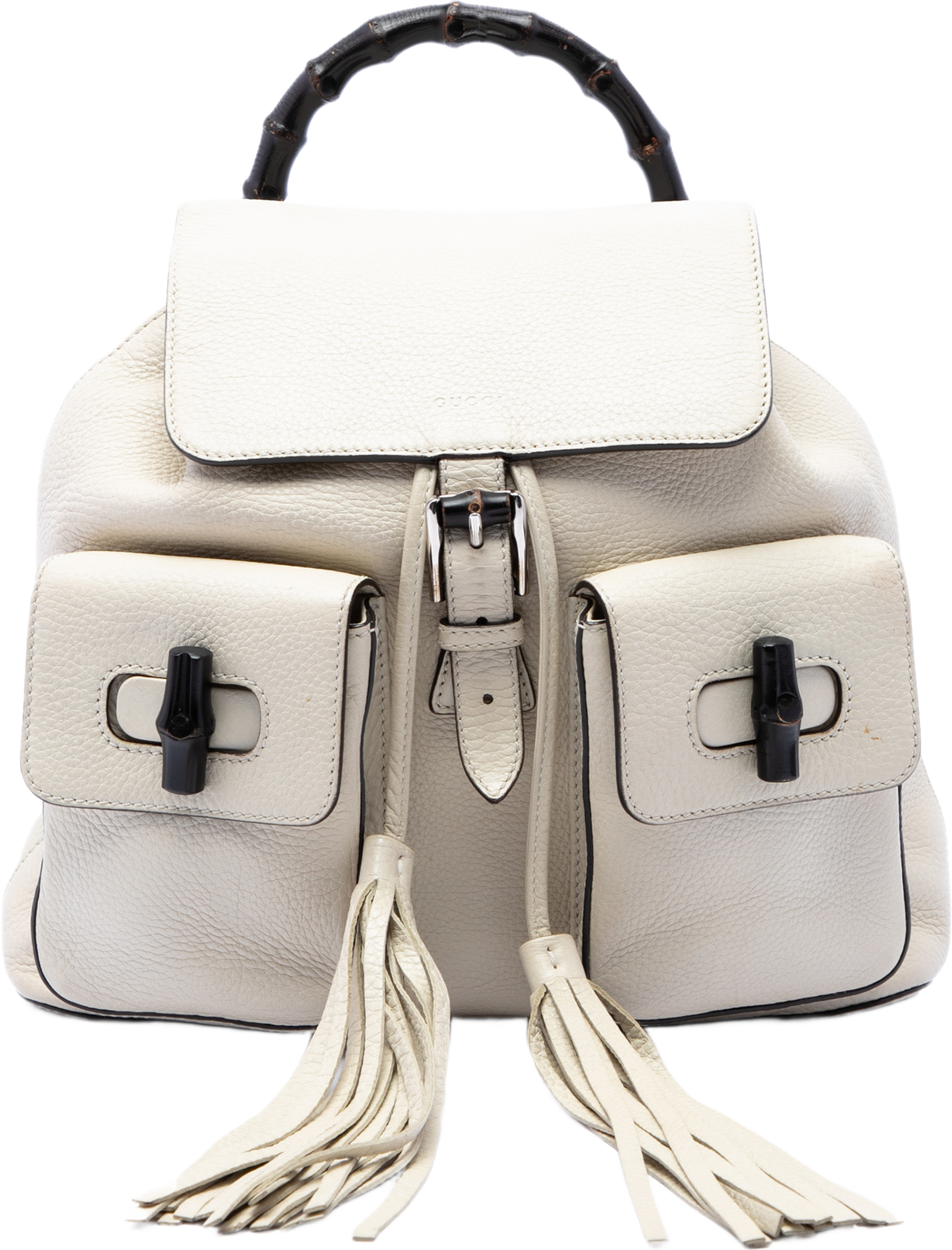 Gucci Large Calfskin Bamboo Tassel Drawstring Backpack, från Luxclusif, i färgen vit. Klicka för att öppna bilden i stort format