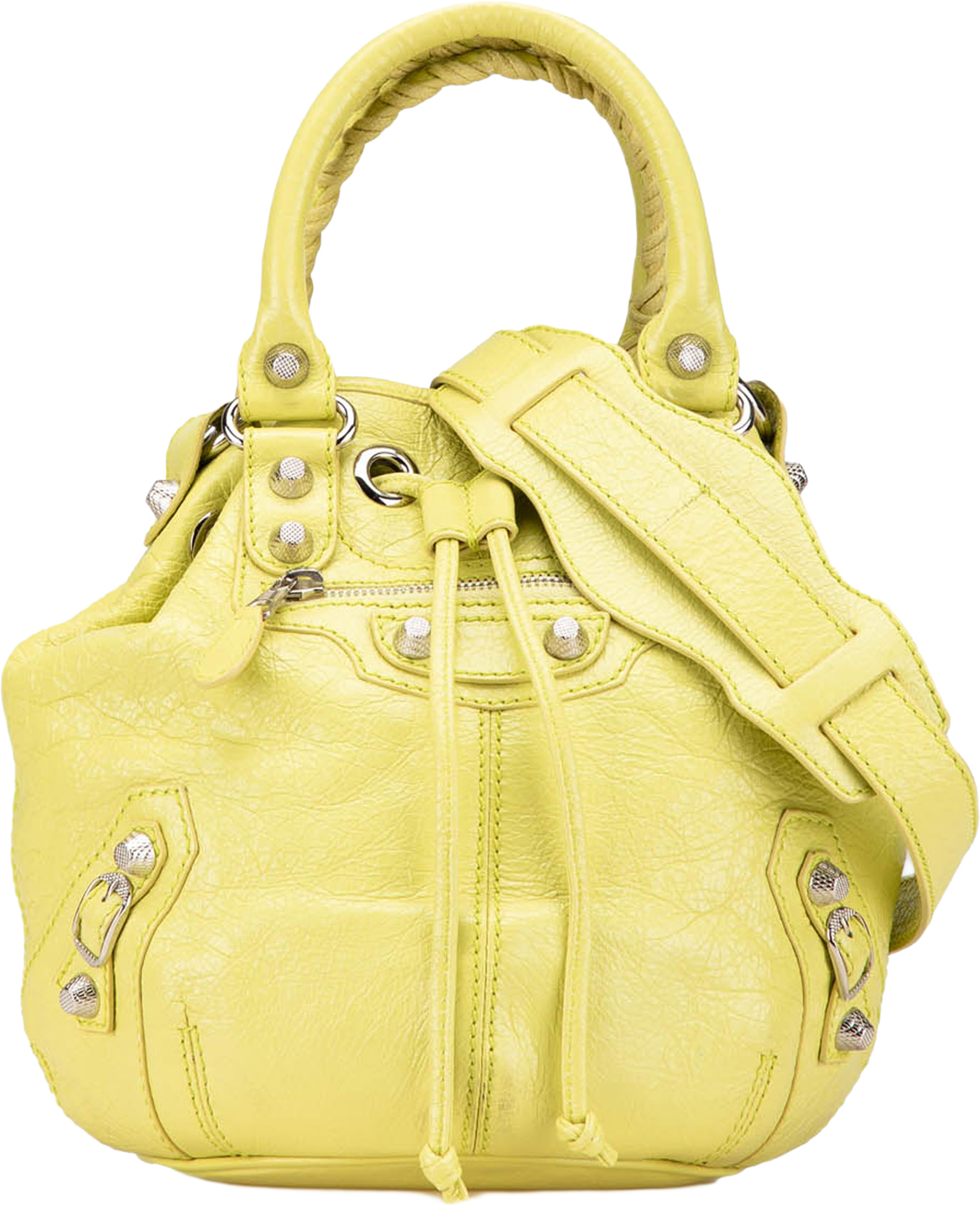 Balenciaga Lambskin Motocross Giant 12 Pompon Bag, från Luxclusif, i färgen yellow. Klicka för att öppna bilden i stort format