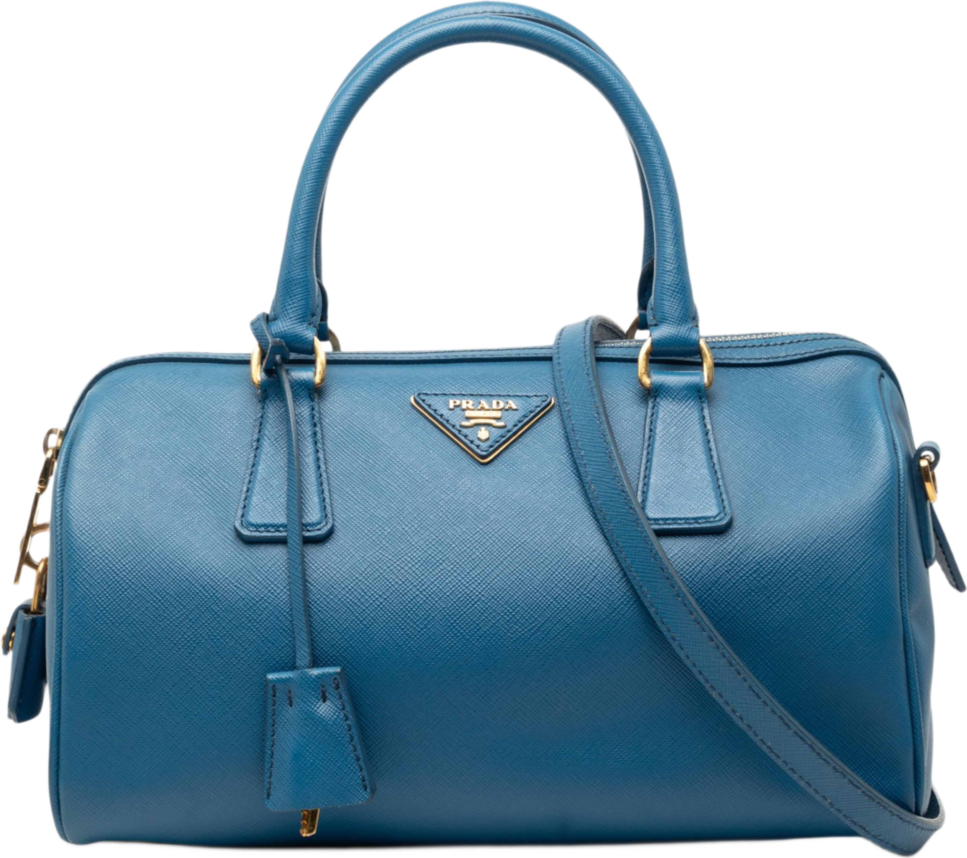 Prada Saffiano Lux Boston Bag, från Luxclusif, i färgen blue. Klicka för att öppna bilden i stort format