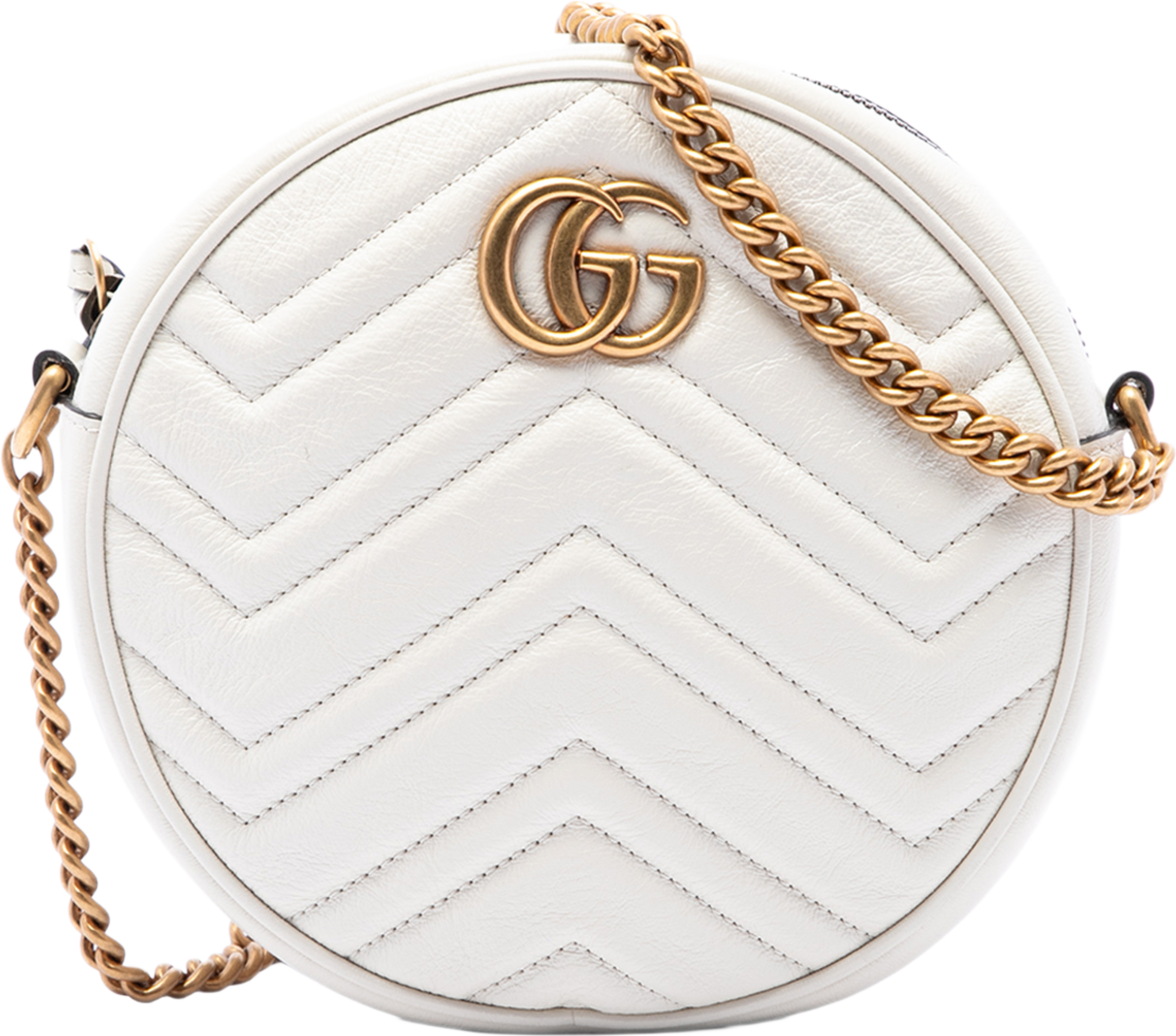 Gucci Mini Gg Marmont Matelasse Calfskin Round Crossbody, från Luxclusif, i färgen vit. Klicka för att öppna bilden i stort format