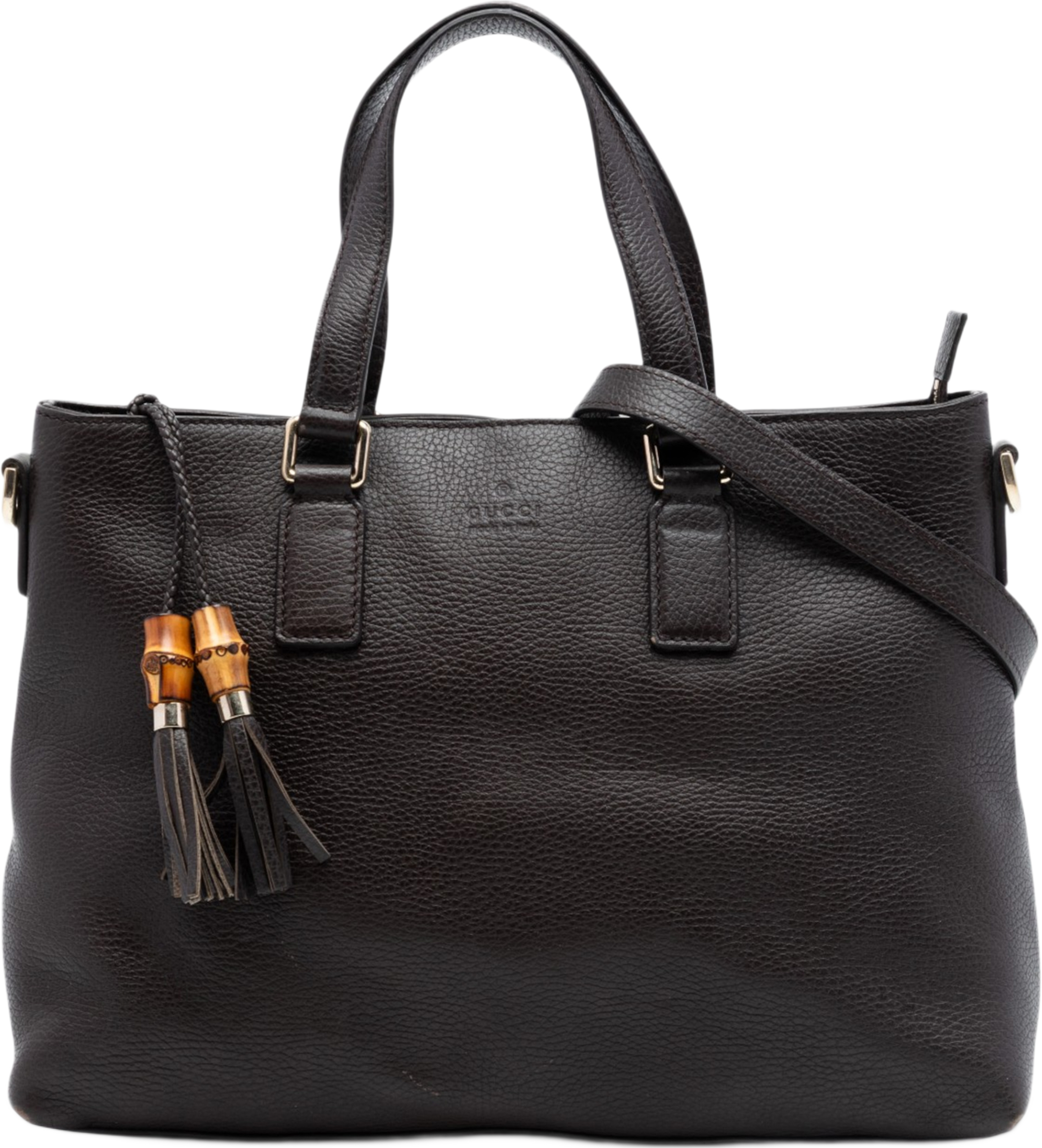 Gucci Leather Bamboo Tassel Satchel, från Luxclusif, i färgen dark brown. Klicka för att öppna bilden i stort format