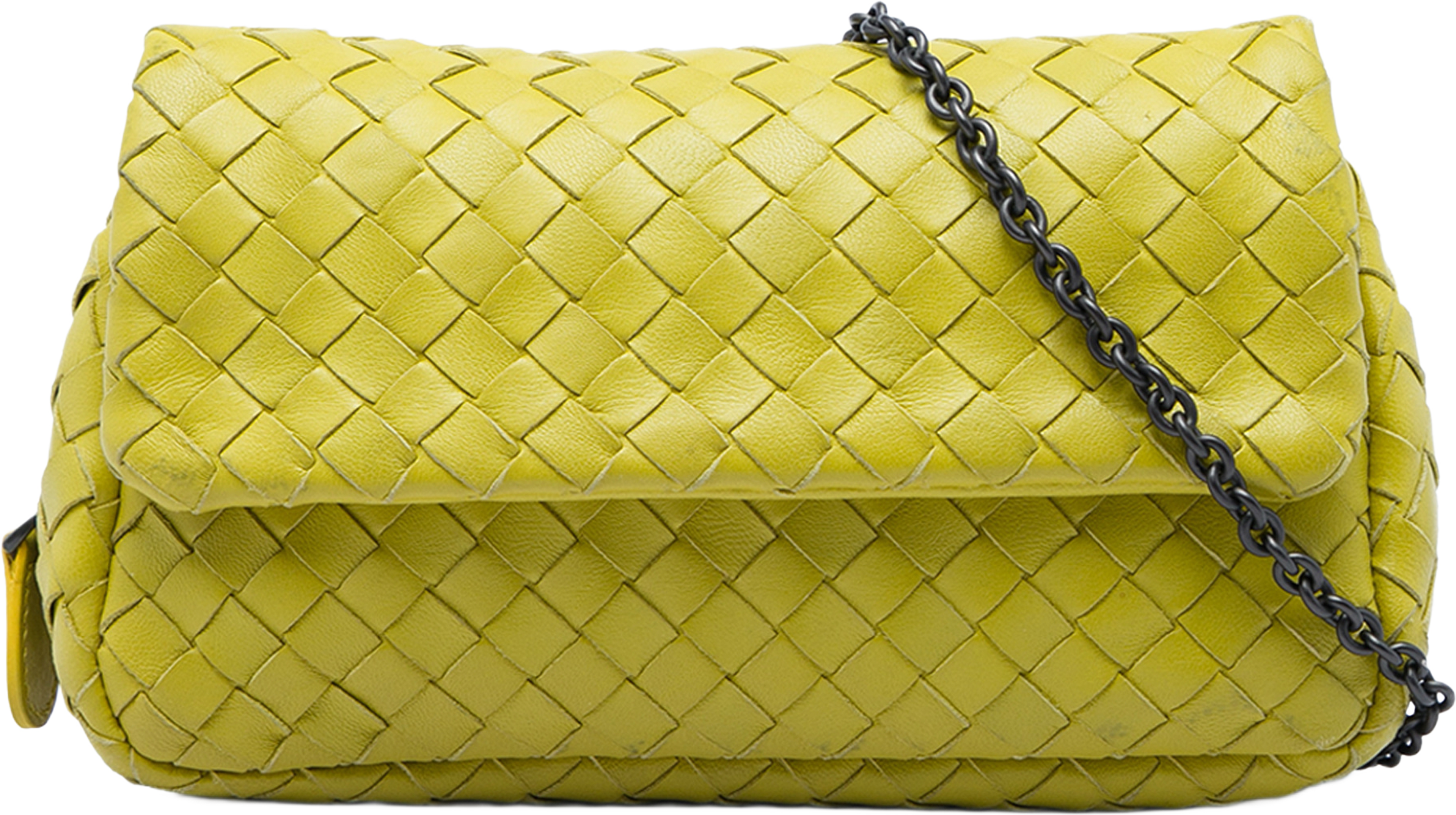 Bottega Veneta Mini Nappa Intrecciato Expandable Chain Flap Crossbody, från Luxclusif, i färgen gul. Klicka för att öppna bilden i stort format