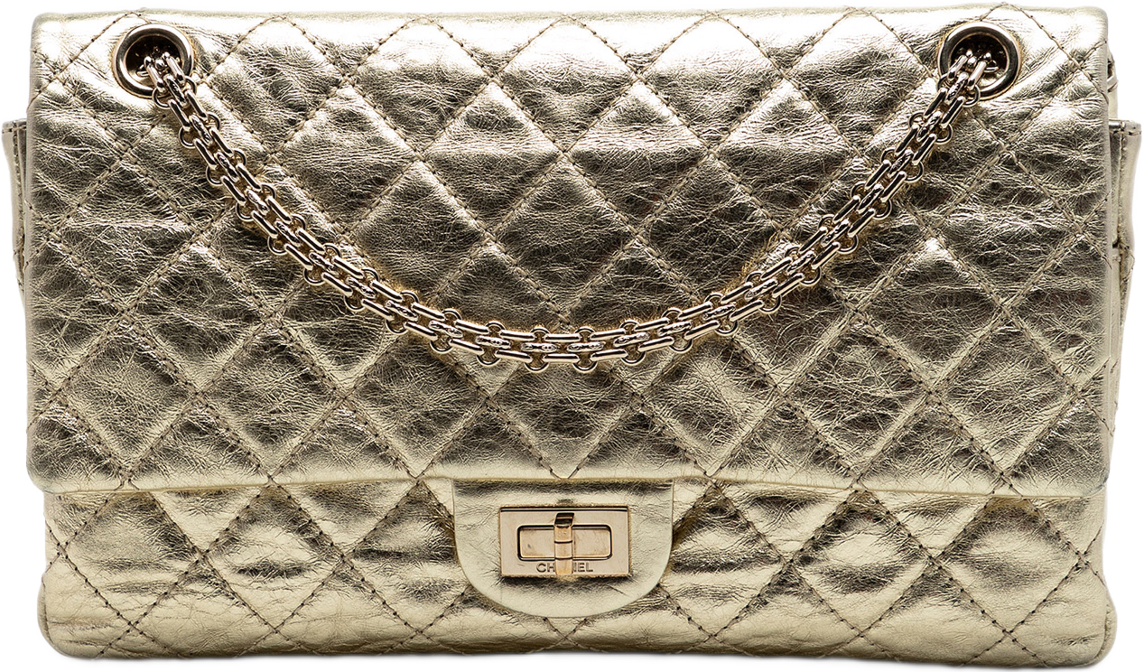 Chanel Quilted Metallic Aged Calfskin Reissue 2.55 Double Flap 226, från Luxclusif, i färgen gold. Klicka för att öppna bilden i stort format