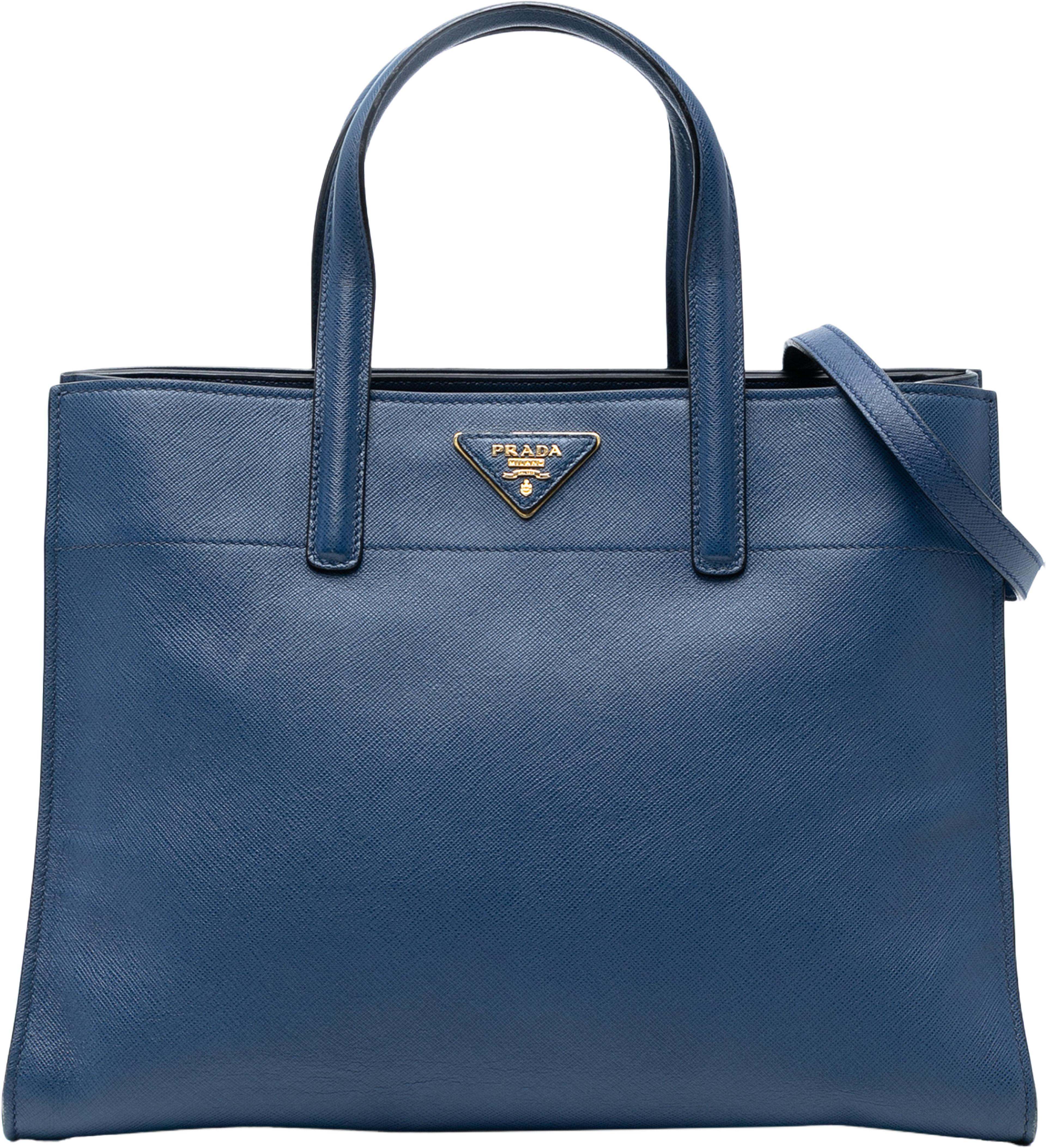 Prada Saffiano Soft Triple Pocket Tote, från Luxclusif, i färgen blue. Klicka för att öppna bilden i stort format