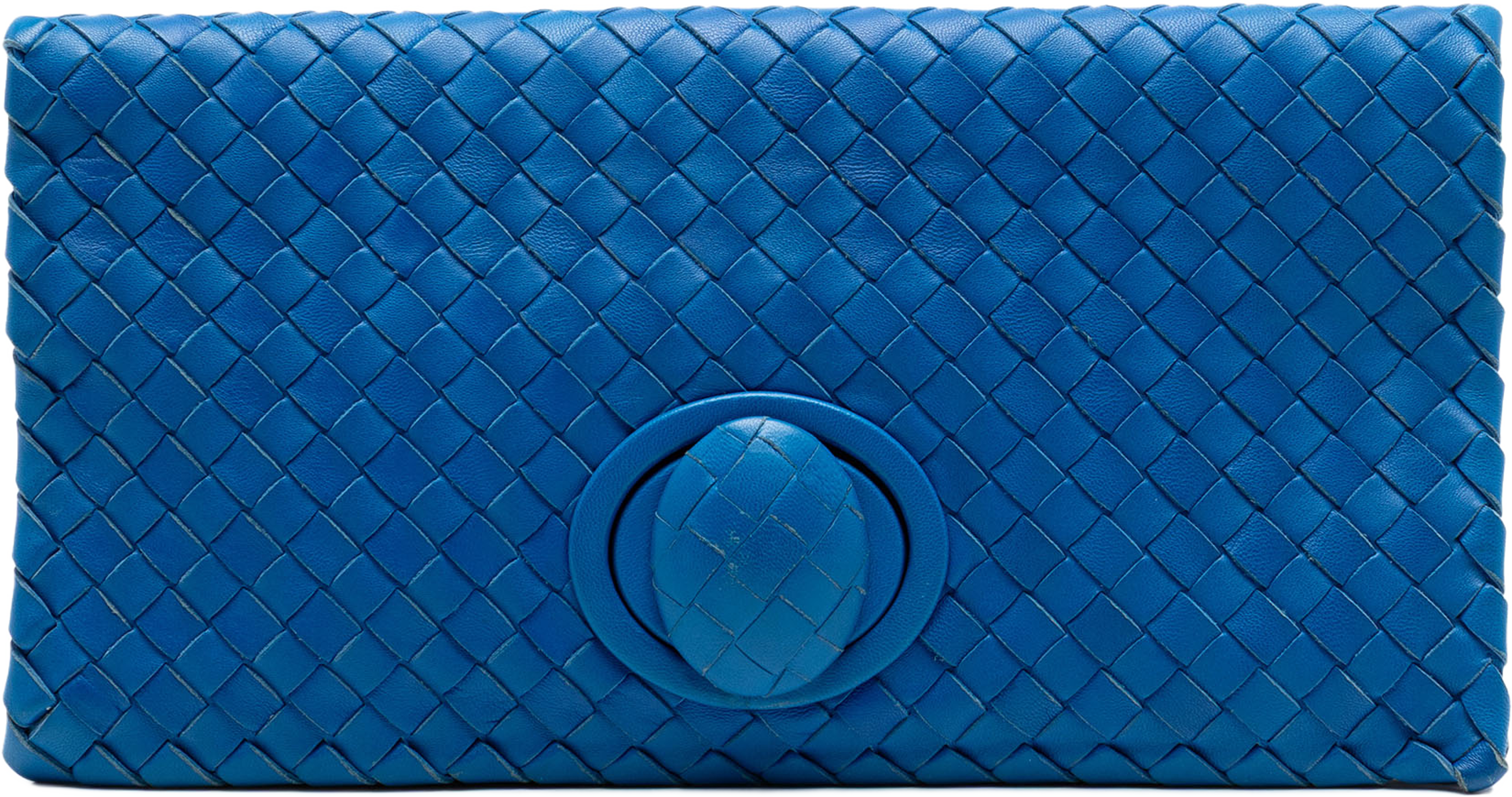 Bottega Veneta Nappa Intrecciato Turn Lock Clutch, från Luxclusif, i färgen blue. Klicka för att öppna bilden i stort format