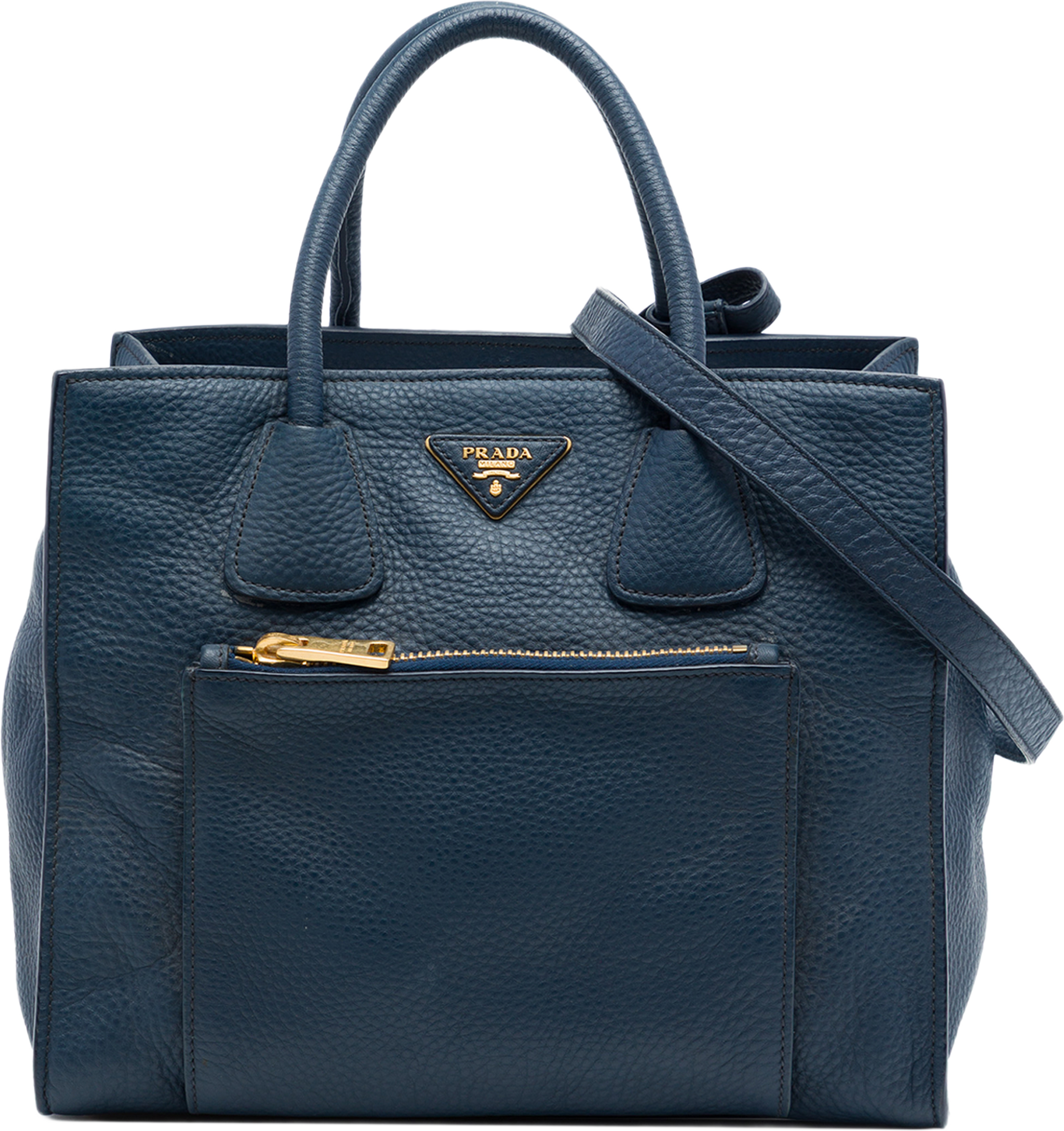 Prada Vitello Daino Front Pocket Open Convertible Tote, från Luxclusif, i färgen blå. Klicka för att öppna bilden i stort format