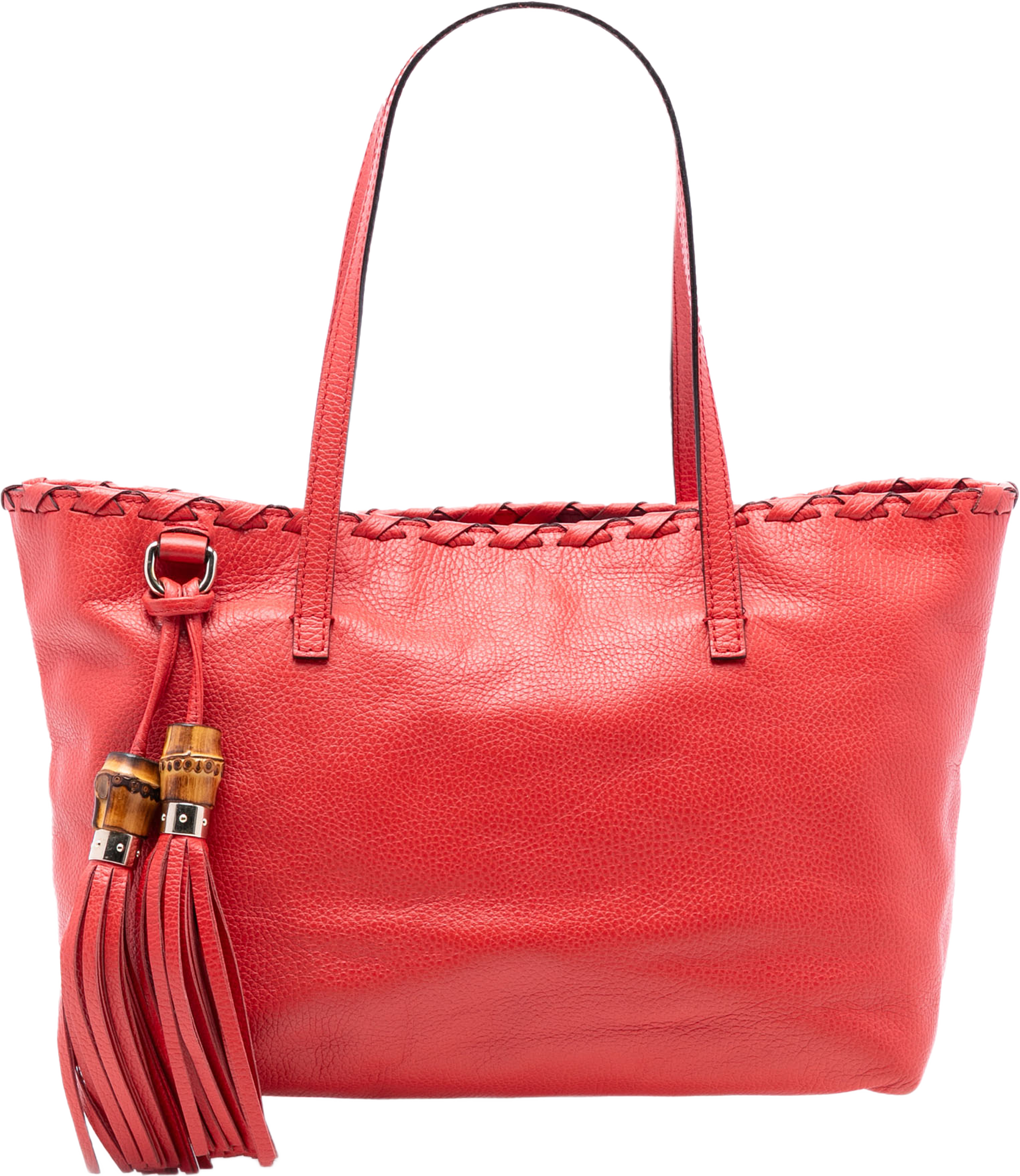 Gucci Leather Bamboo Tassel Tote, från Luxclusif, i färgen red. Klicka för att öppna bilden i stort format