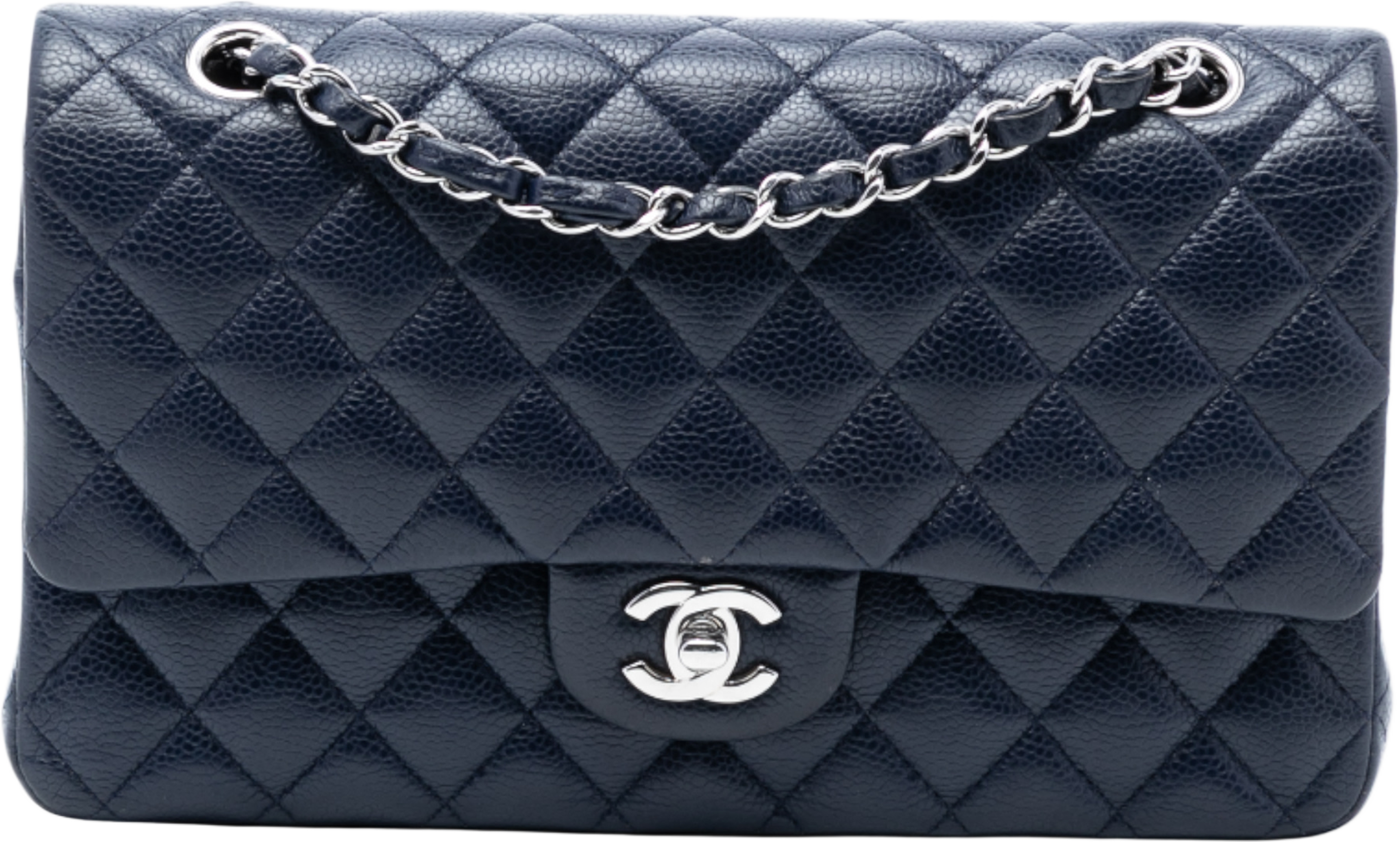 Chanel Medium Classic Caviar Double Flap, från Luxclusif, i färgen navy. Klicka för att öppna bilden i stort format