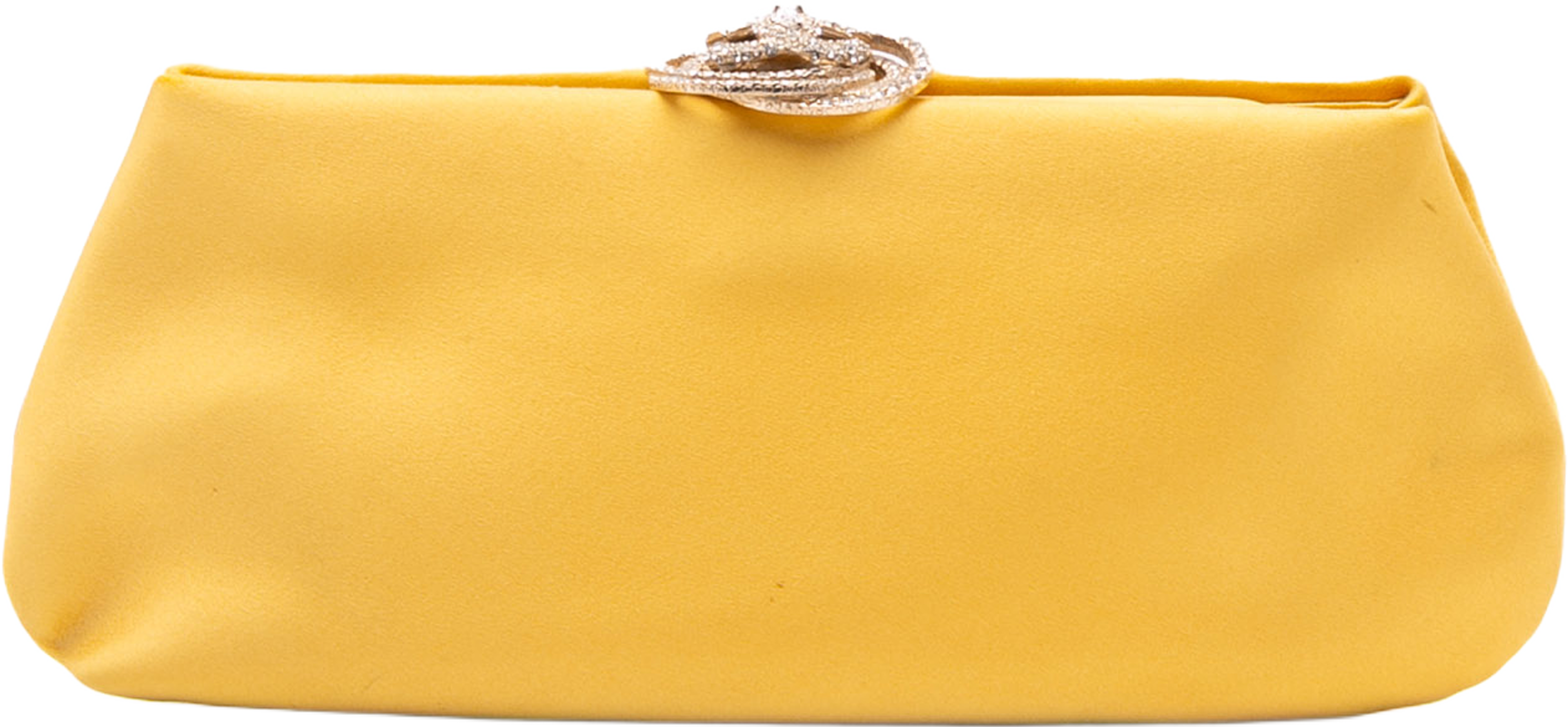 Chanel Satin Crystal Camellia Evening Frame Clutch, från Luxclusif, i färgen mustard. Klicka för att öppna bilden i stort format