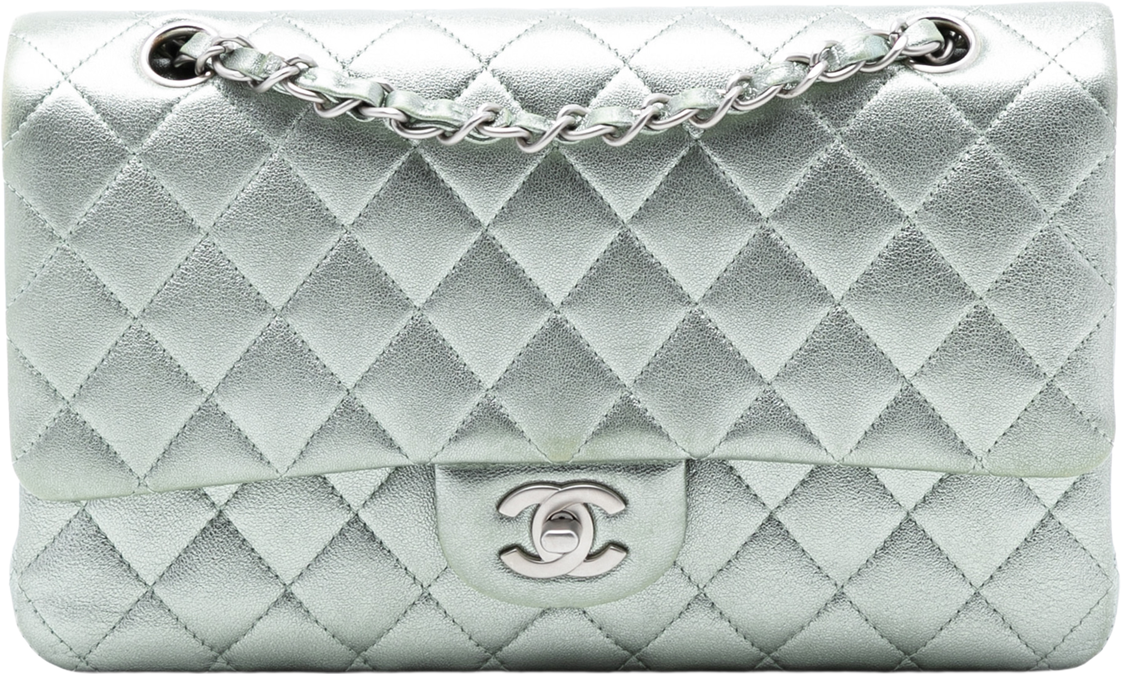 Chanel Medium Classic Metallic Lambskin Double Flap, från Luxclusif, i färgen mint. Klicka för att öppna bilden i stort format
