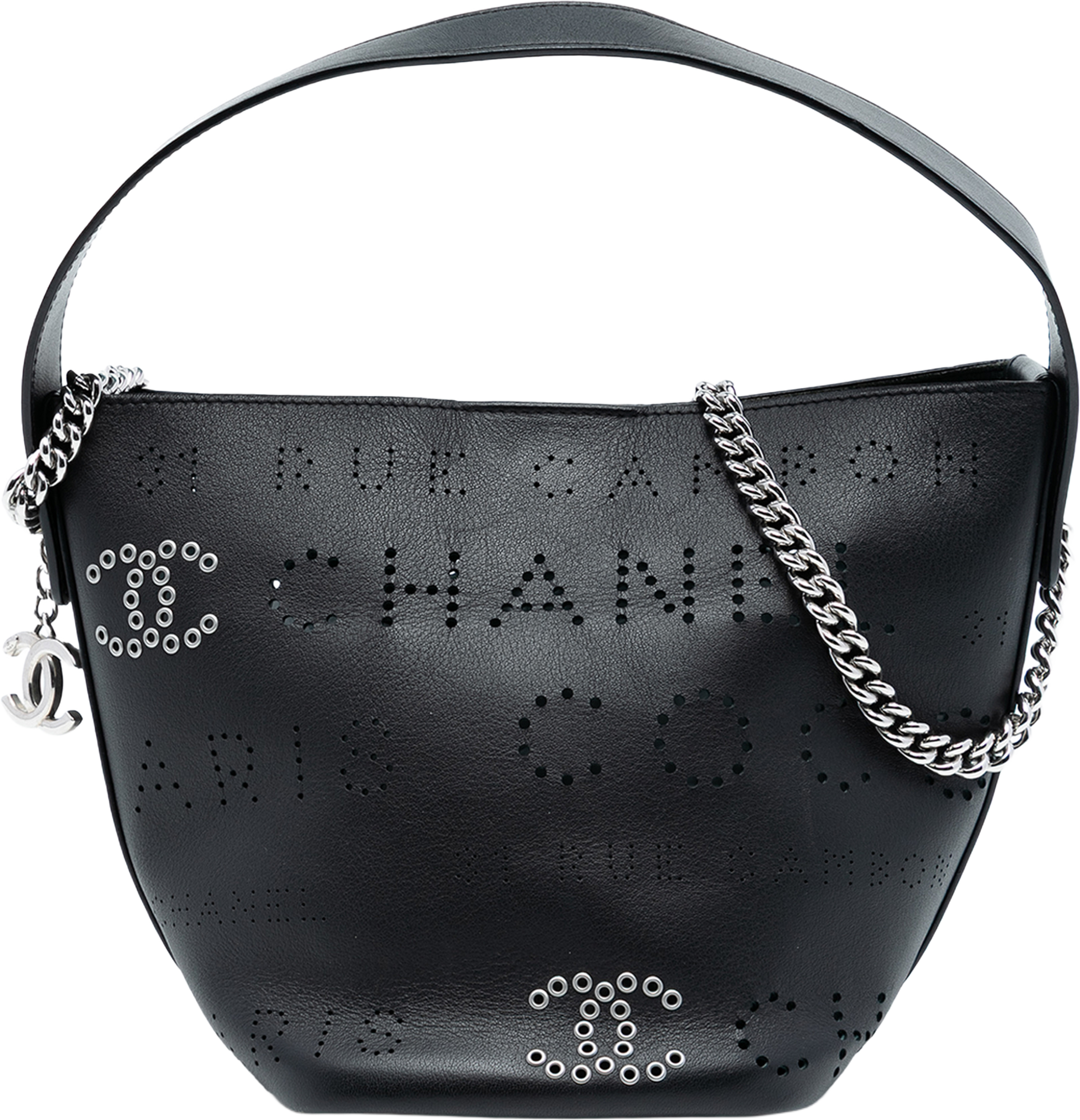 Chanel Small Perforated Calfskin Logo Eyelet Bucket Bag, från Luxclusif, i färgen black. Klicka för att öppna bilden i stort format