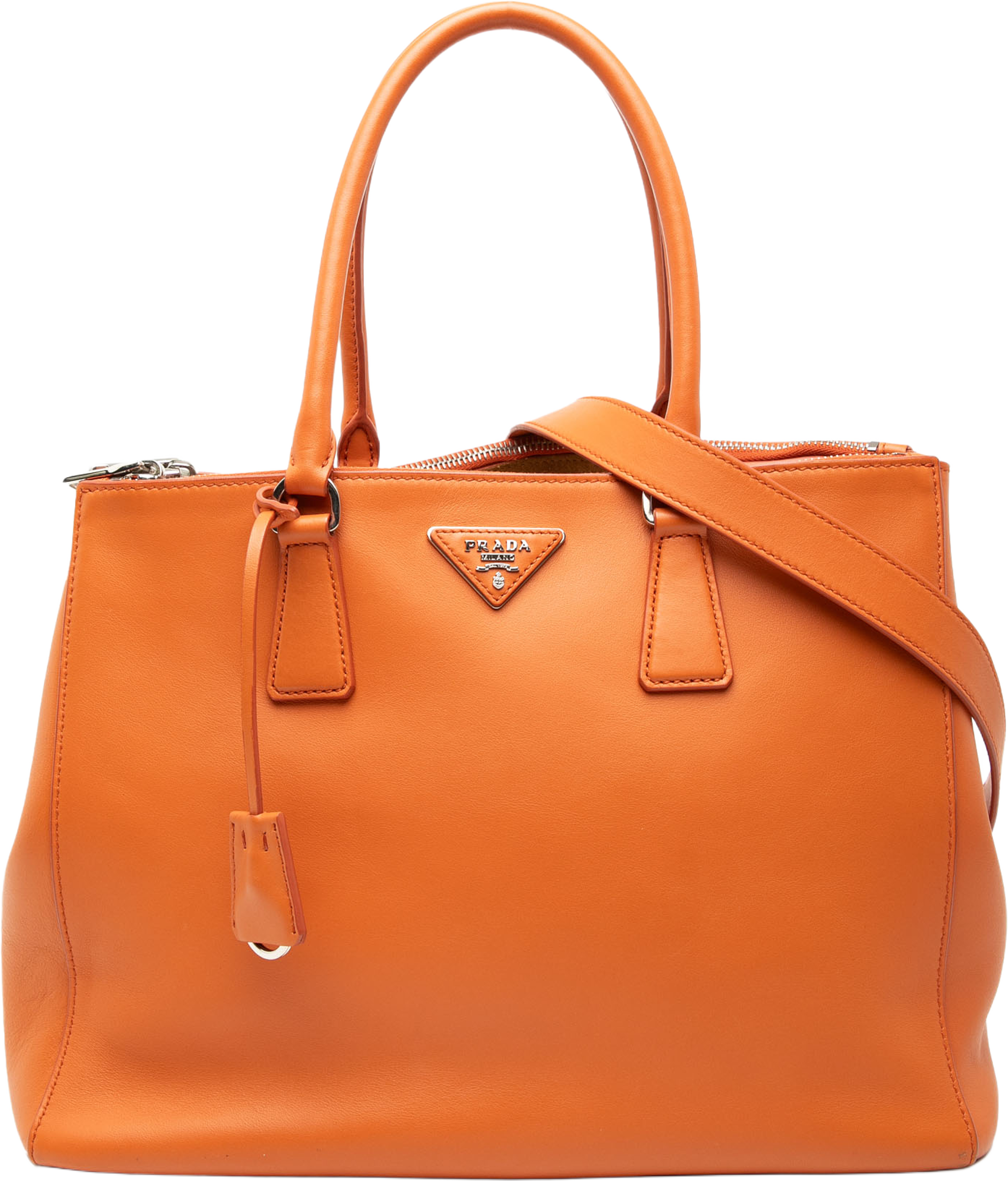 Prada Medium Soft Calf Galleria Double Zip Tote, från Luxclusif, i färgen orange. Klicka för att öppna bilden i stort format