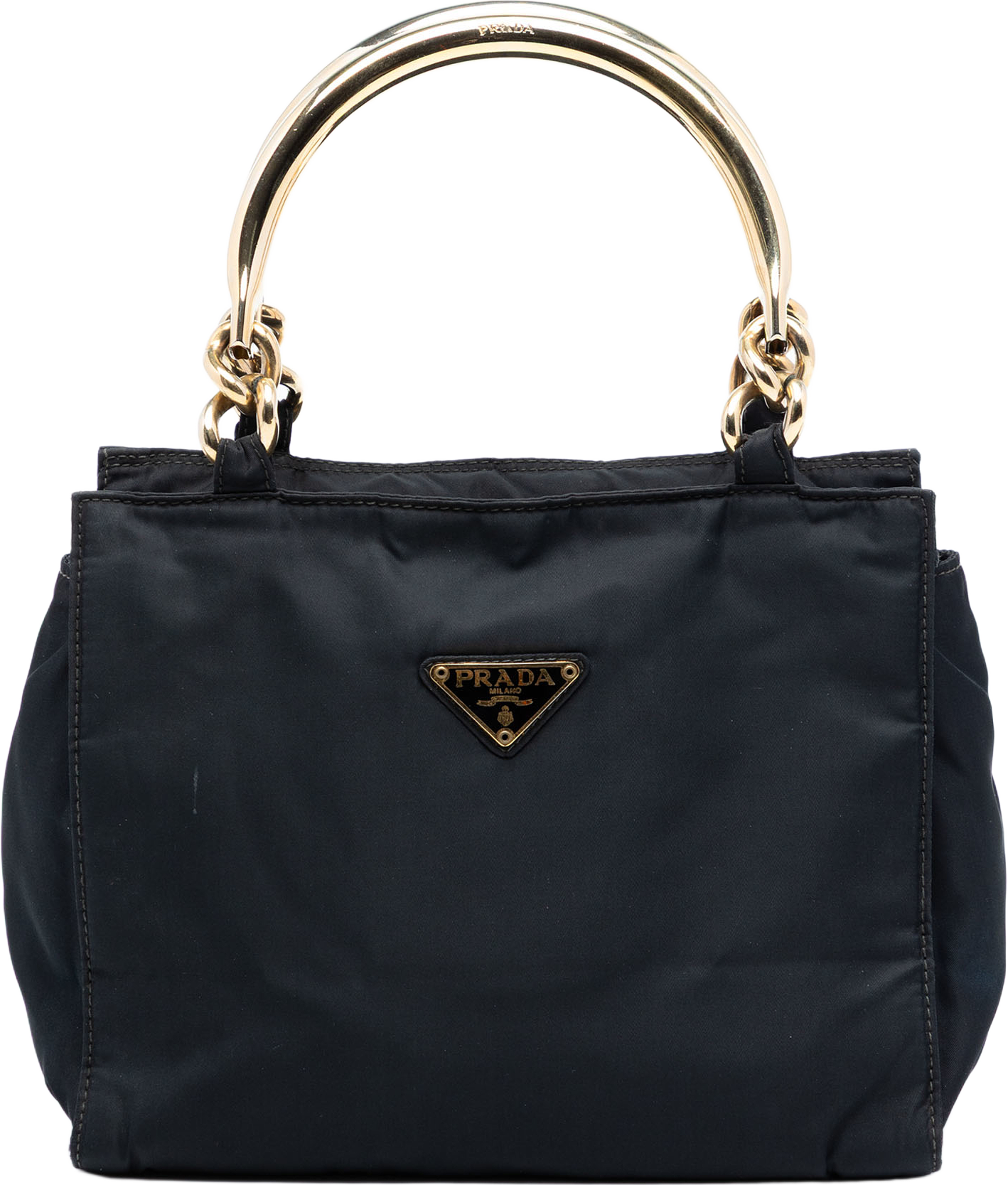 Prada Tessuto Metal Handle Bag, från Luxclusif, i färgen black. Klicka för att öppna bilden i stort format