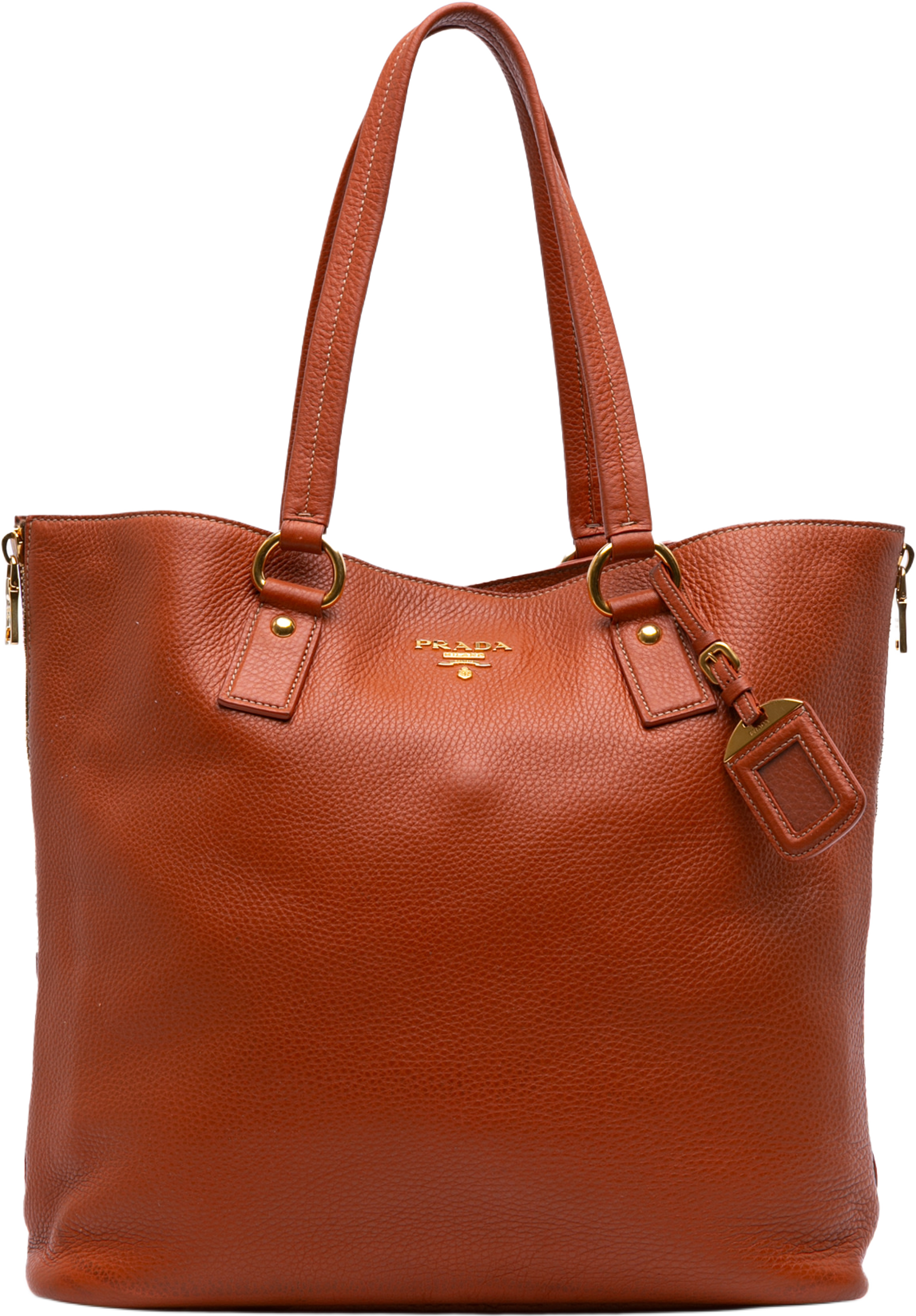 Prada Vitello Daino Side Zip Shopper Tote, från Luxclusif, i färgen dark orange. Klicka för att öppna bilden i stort format