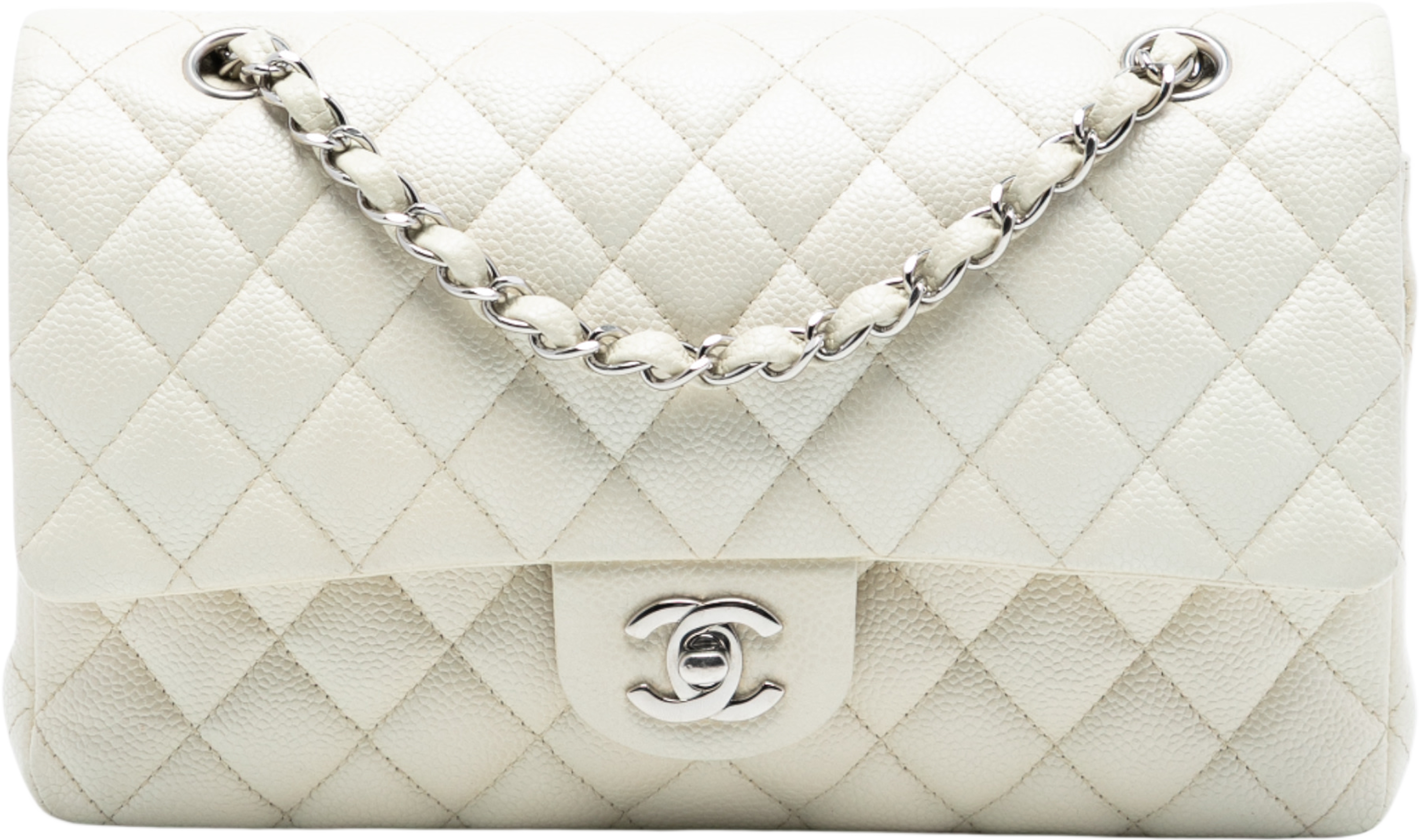 Chanel Medium Classic Caviar Double Flap, från Luxclusif, i färgen ivory. Klicka för att öppna bilden i stort format