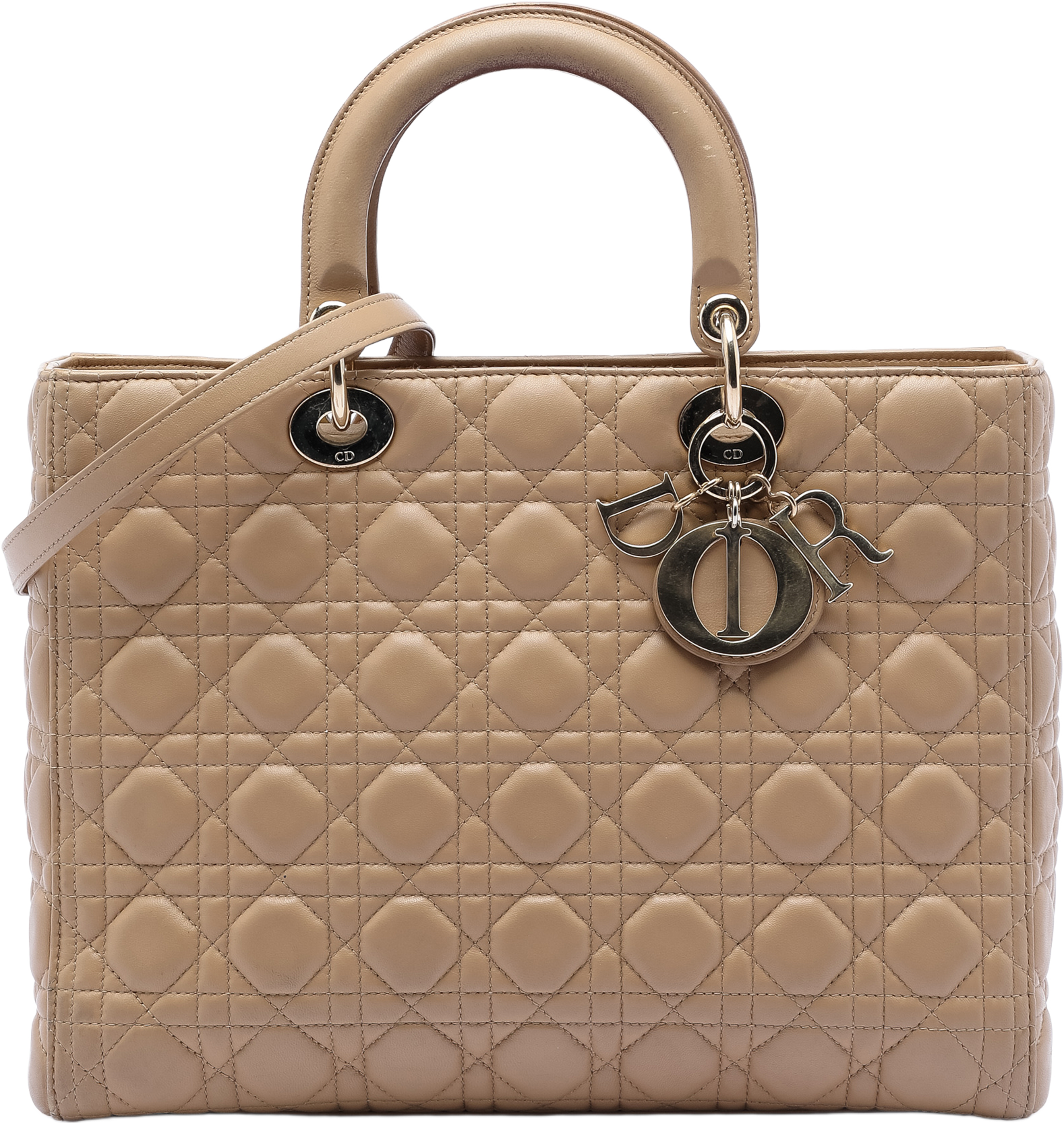 Dior Large Lambskin Cannage Lady Dior, från Luxclusif, i färgen beige. Klicka för att öppna bilden i stort format