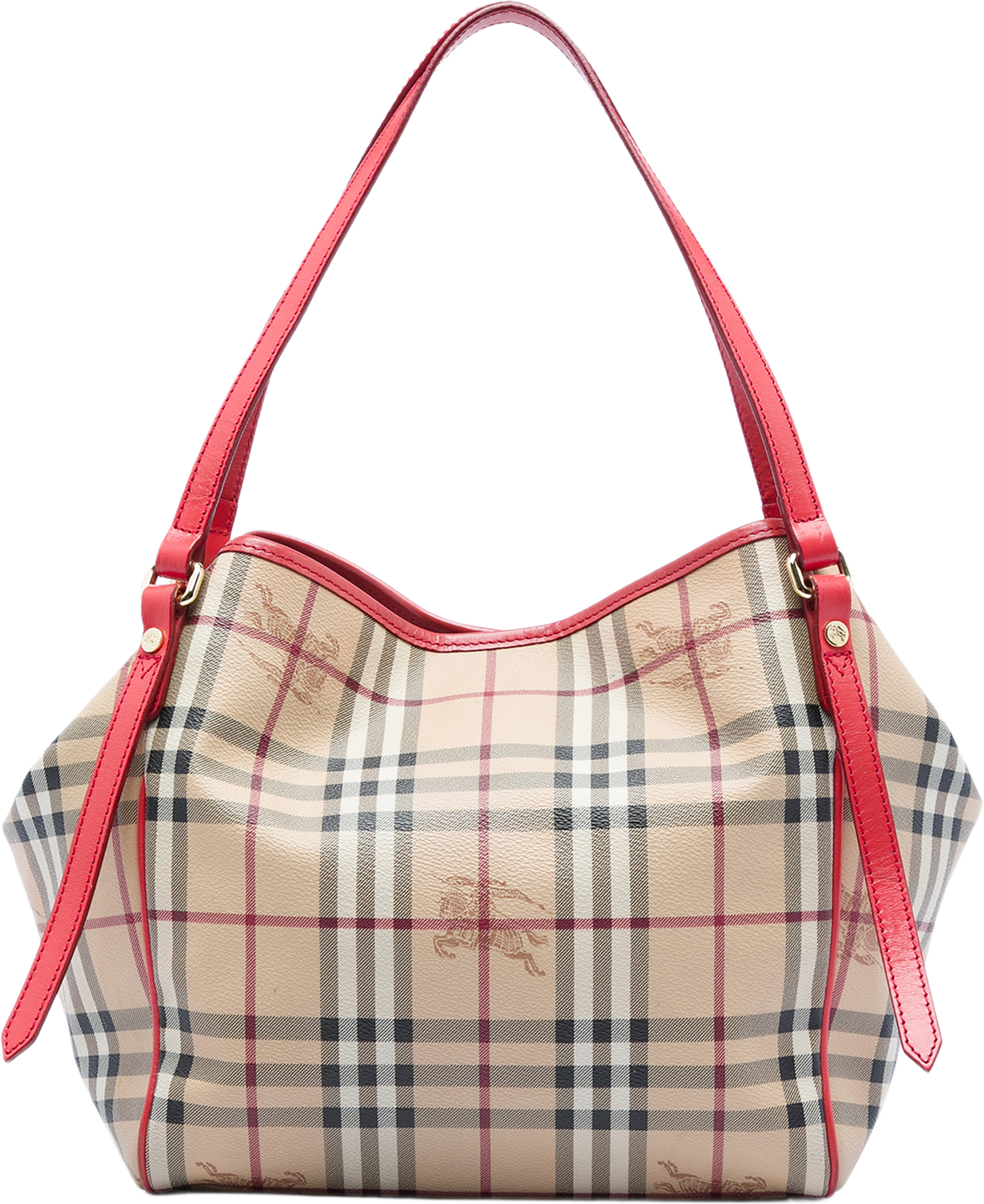 Burberry Small Haymarket Check Coated Canvas Canterbury Tote, från Luxclusif, i färgen röd. Klicka för att öppna bilden i stort format
